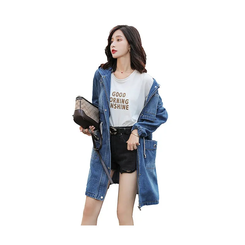 Denim Trench Coat Women&#39;s Long-sleeved Spring Mid-length Korean Cardigan Large Size Loose Casual Jaqueta Coat Hooded Slim f2923