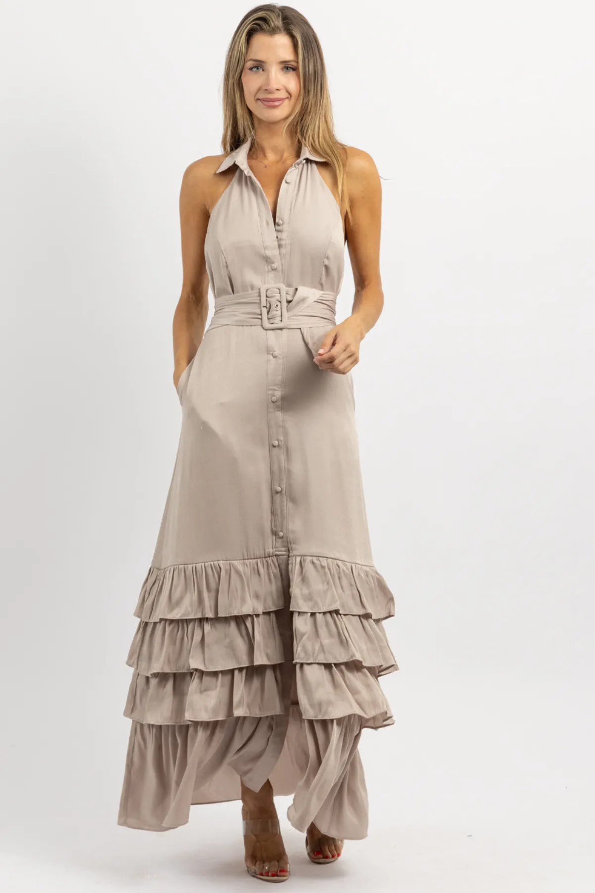 ELEANOR BEIGE BELTED MAXI DRESS *BACK IN STOCK*