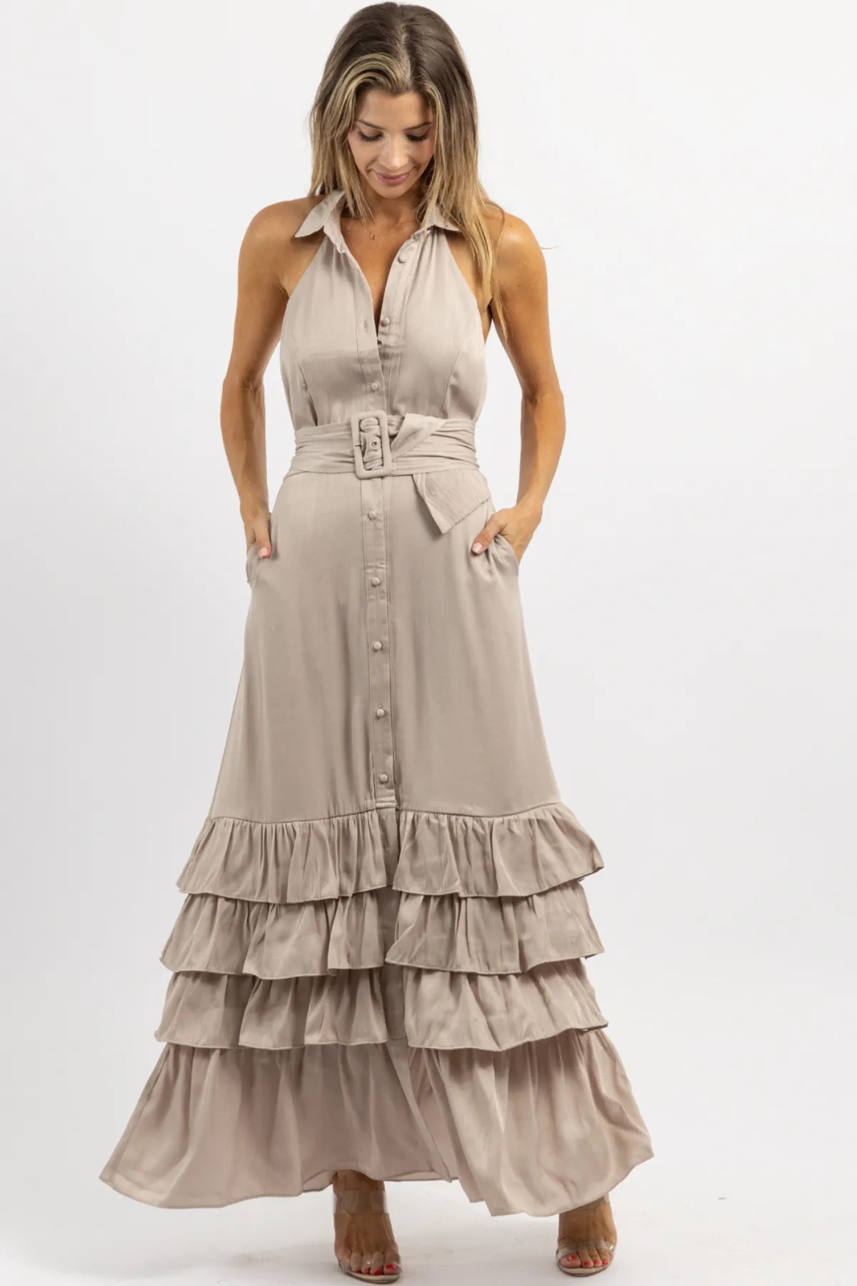 ELEANOR BEIGE BELTED MAXI DRESS *BACK IN STOCK*
