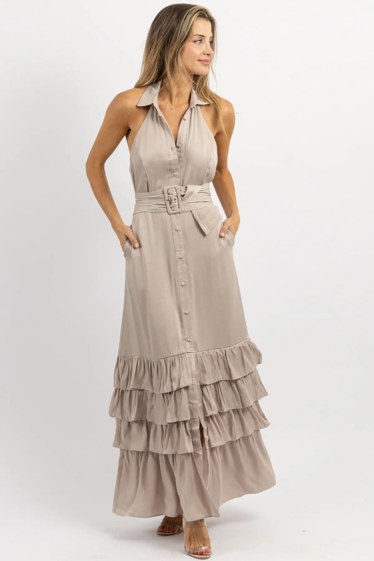 ELEANOR BEIGE BELTED MAXI DRESS *BACK IN STOCK*