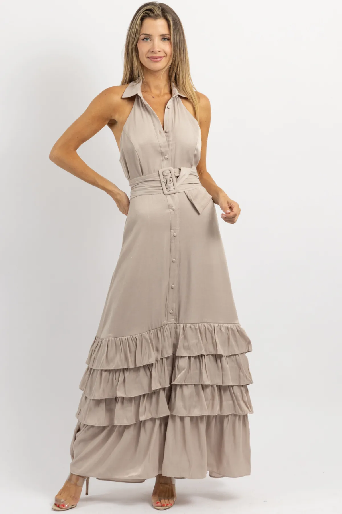 ELEANOR BEIGE BELTED MAXI DRESS *BACK IN STOCK*