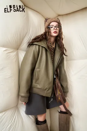 ELFSACK PU Fleece Hoodies Thick Jackets Women 2023 Winter New Designer Outwears