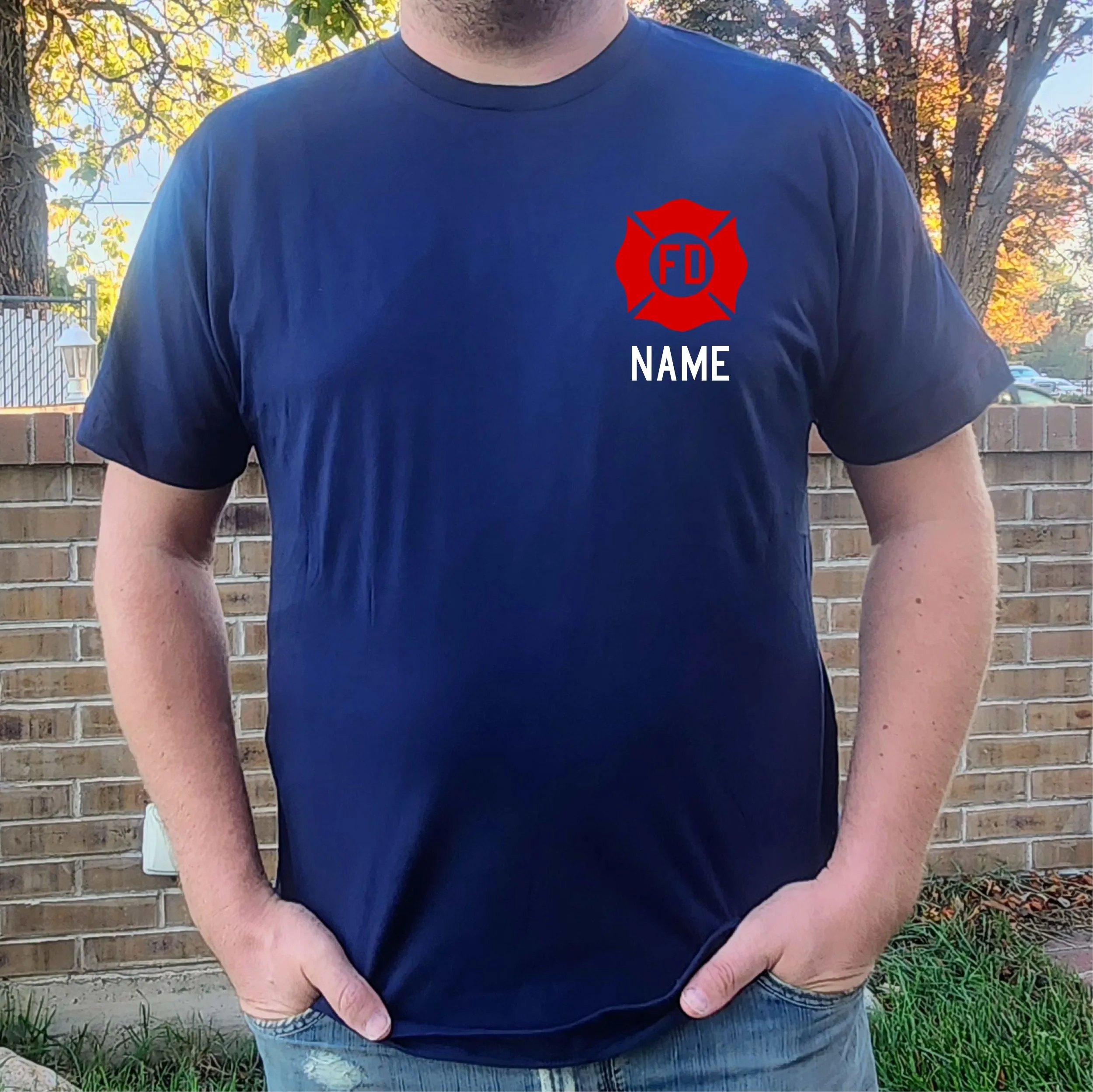 Firefighter Adult Men's Personalized Navy Shirt with RED Maltese Cross