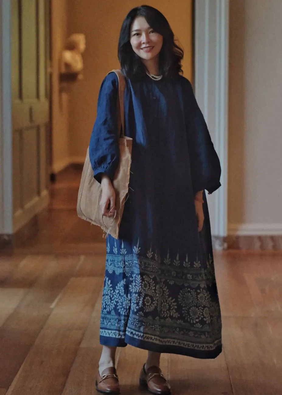 French Blue Button Print Maxi Dresses Long Sleeve MN054