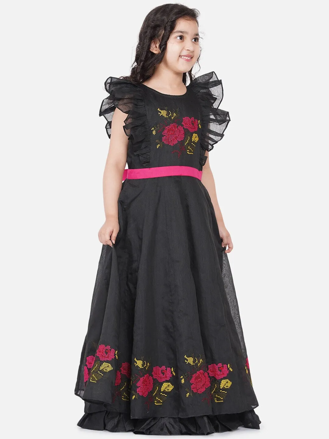 Girls Black Embroidered Flutter Sleeves Maxi Dress