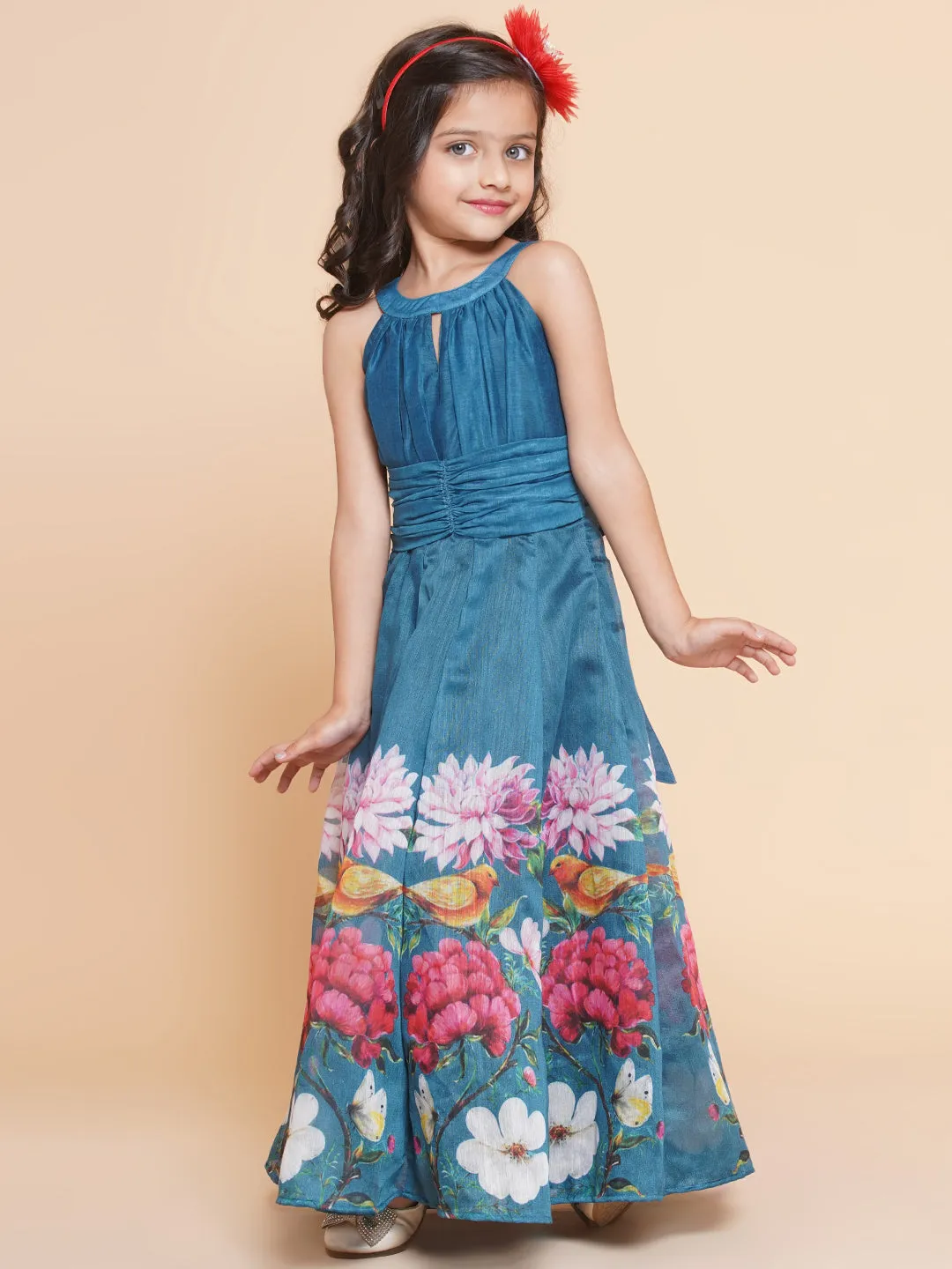 Girls Blue Flower Digital Printed Fit & Flared Maxi Dress.