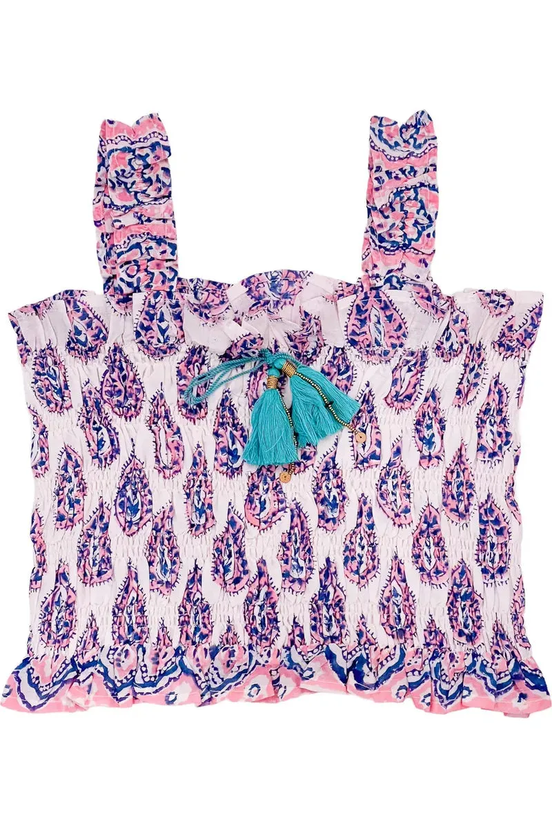Girls Cotton Candy Pink & White Smocked Sleeveless Top