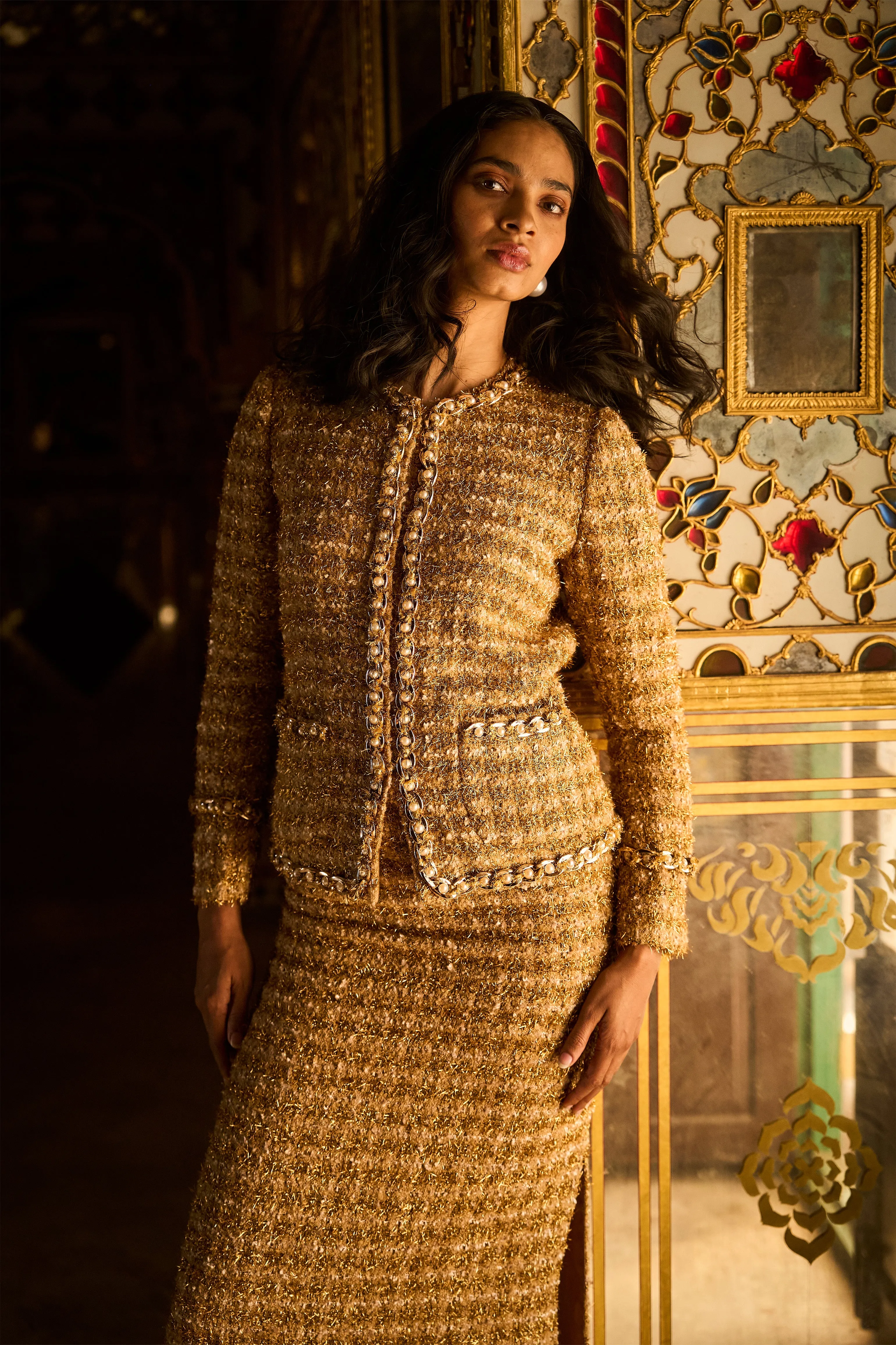 Gold Bouclé Jacket and Skirt