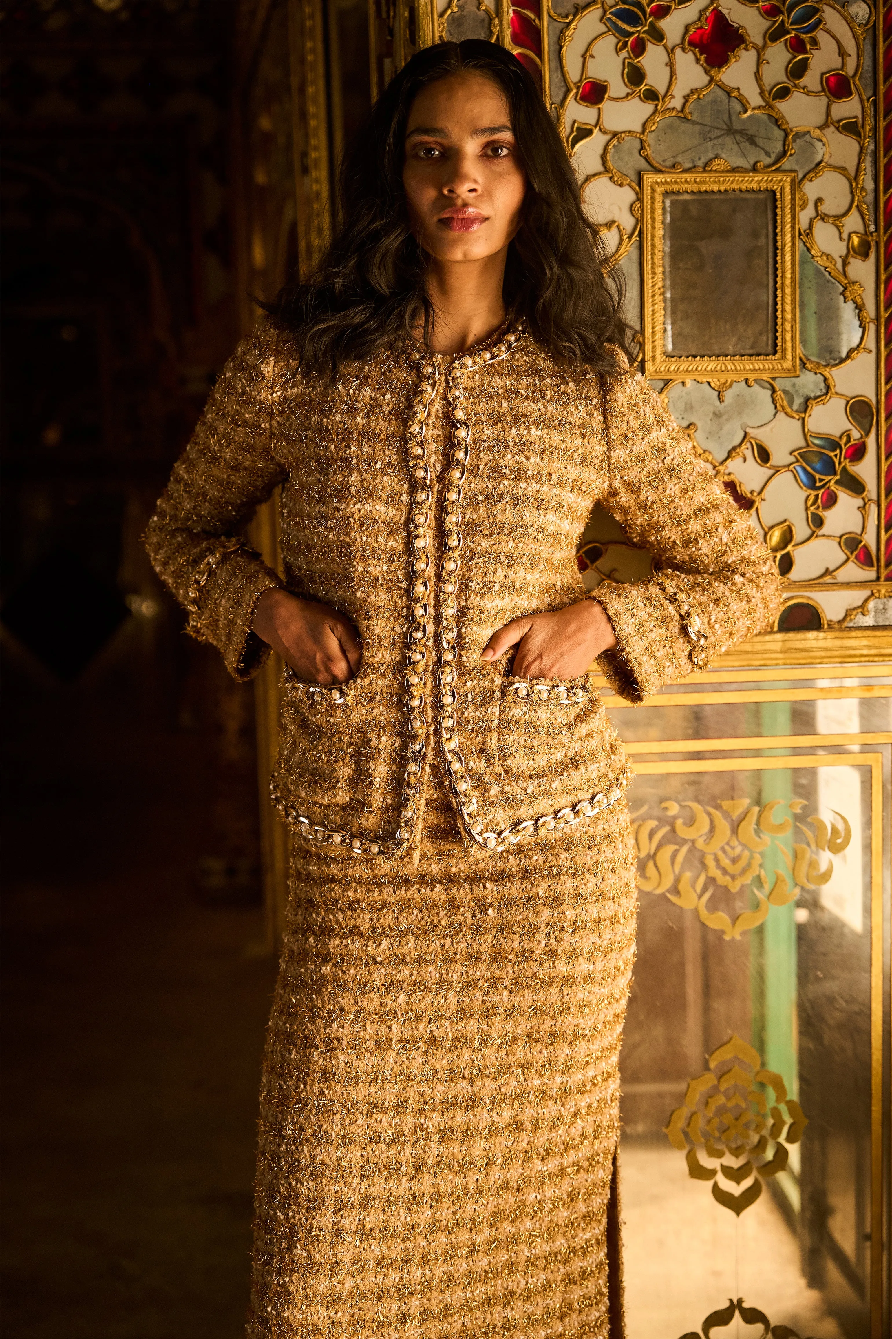 Gold Bouclé Jacket and Skirt