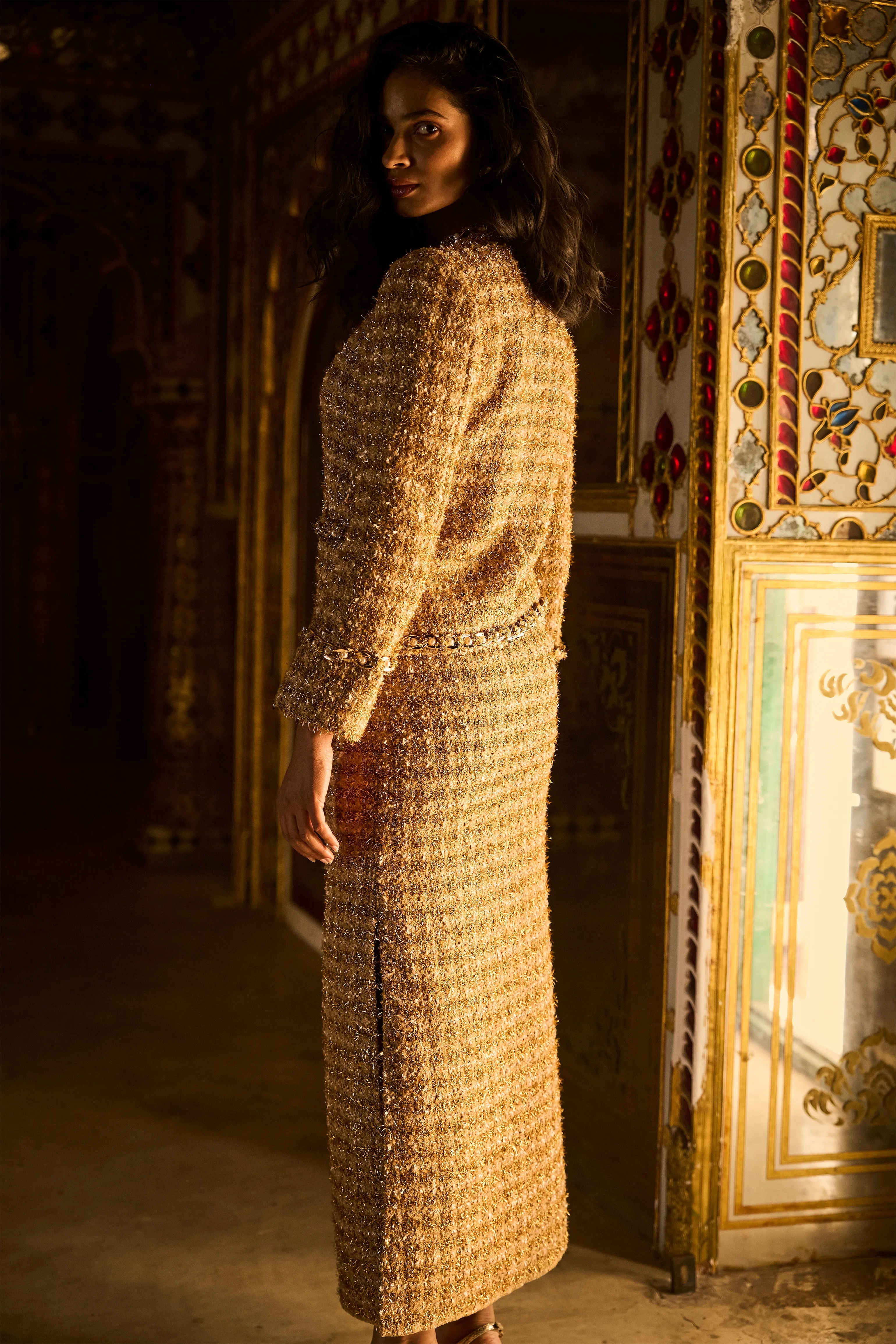 Gold Bouclé Jacket and Skirt