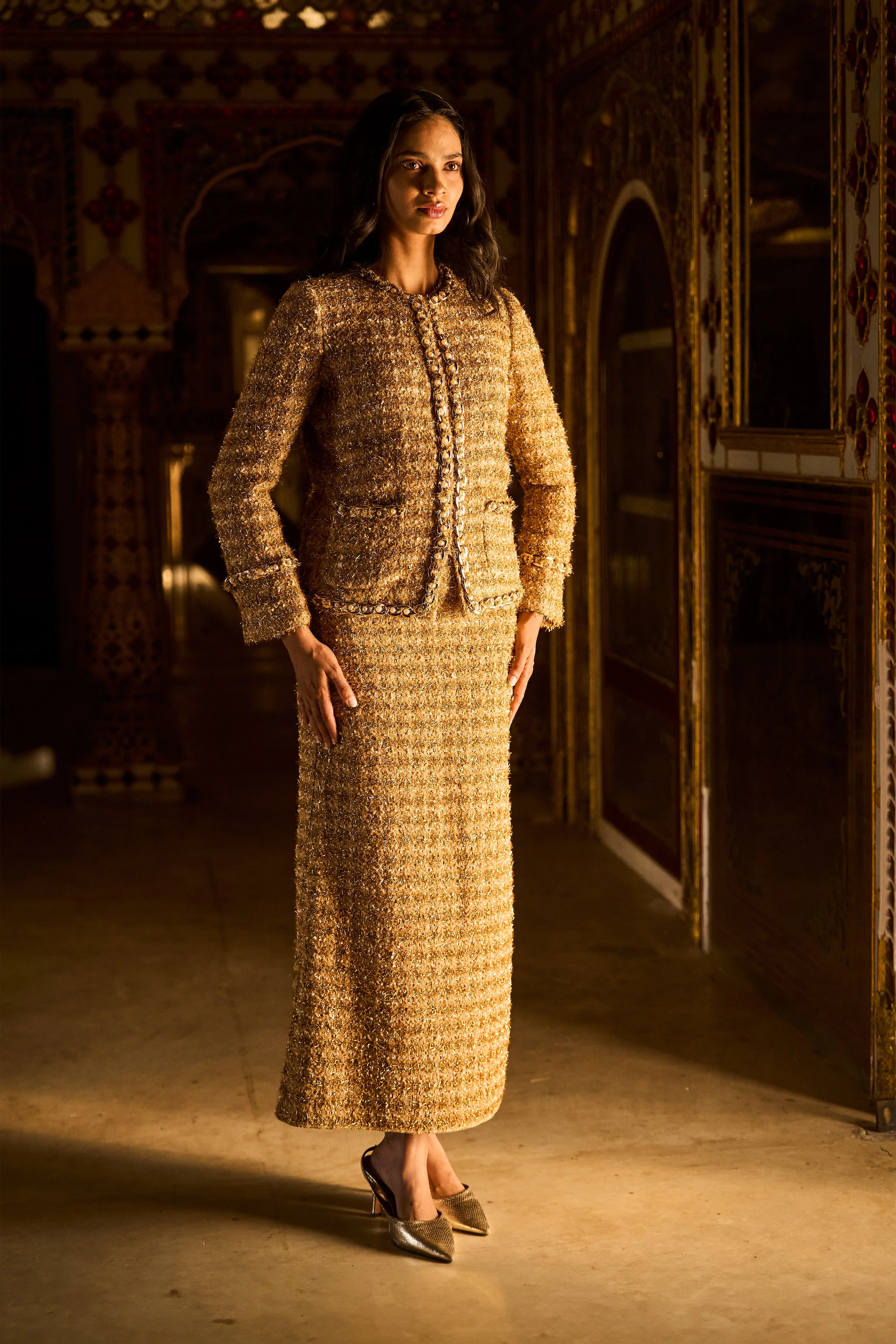 Gold Bouclé Jacket and Skirt
