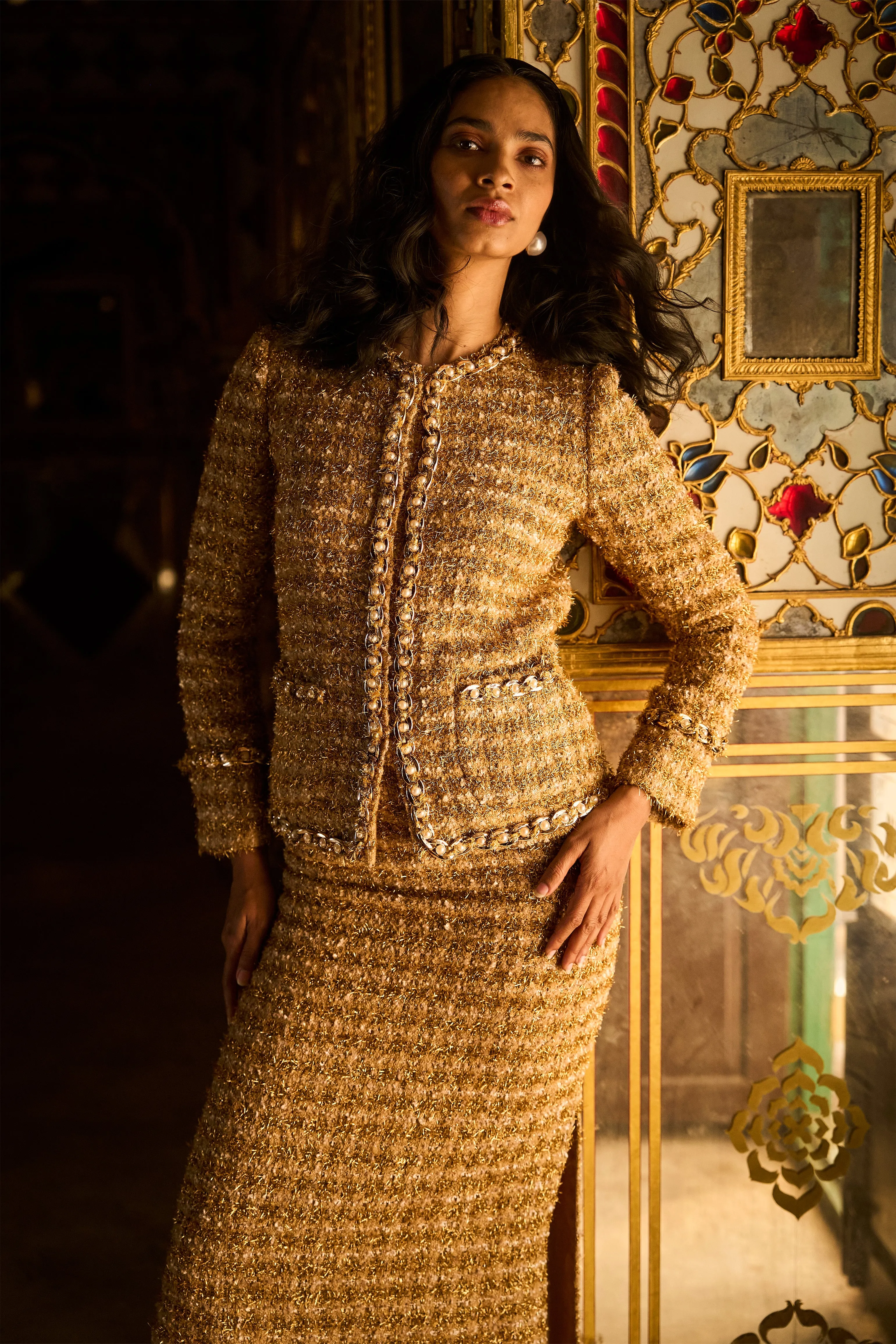 Gold Bouclé Jacket and Skirt