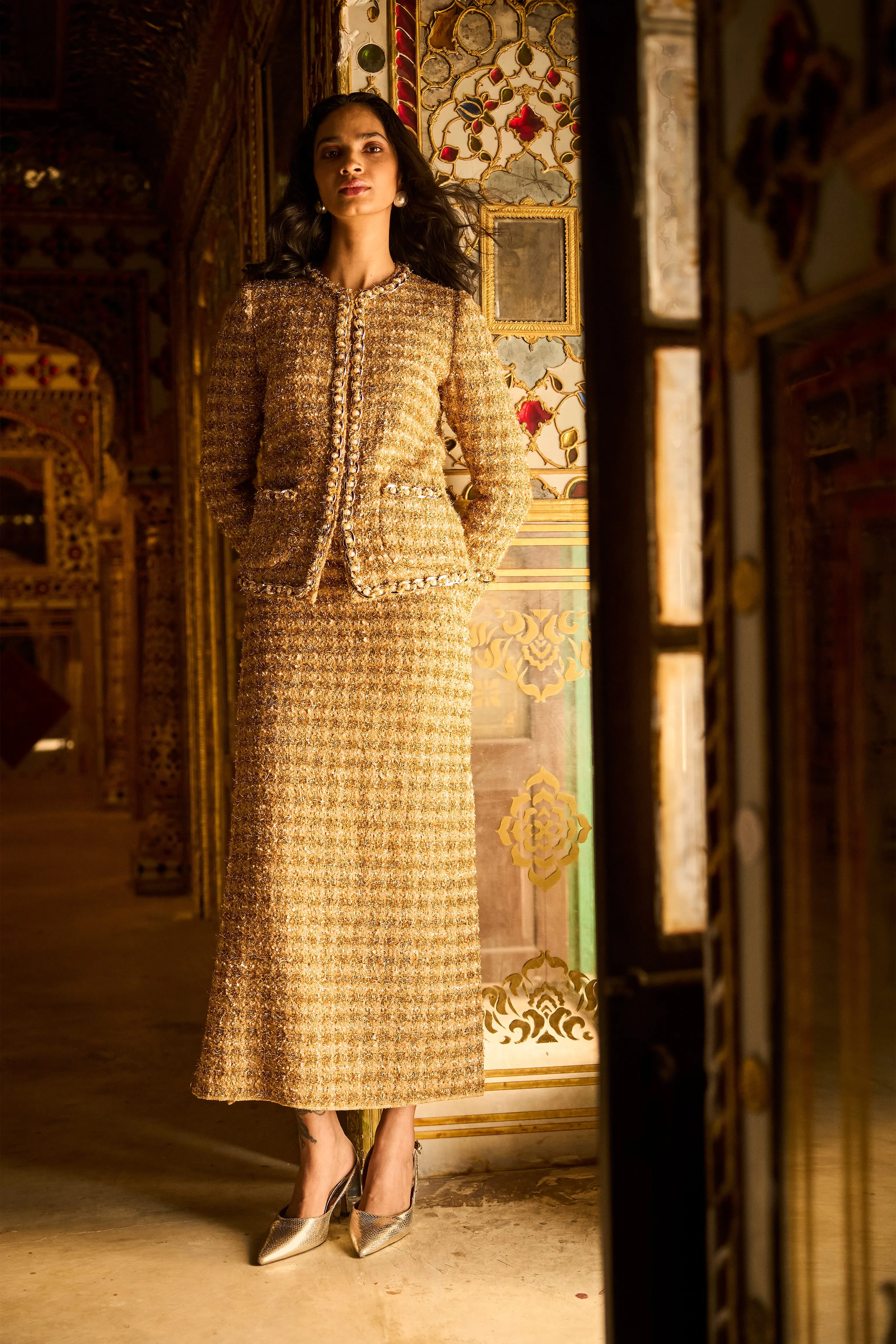 Gold Bouclé Jacket and Skirt