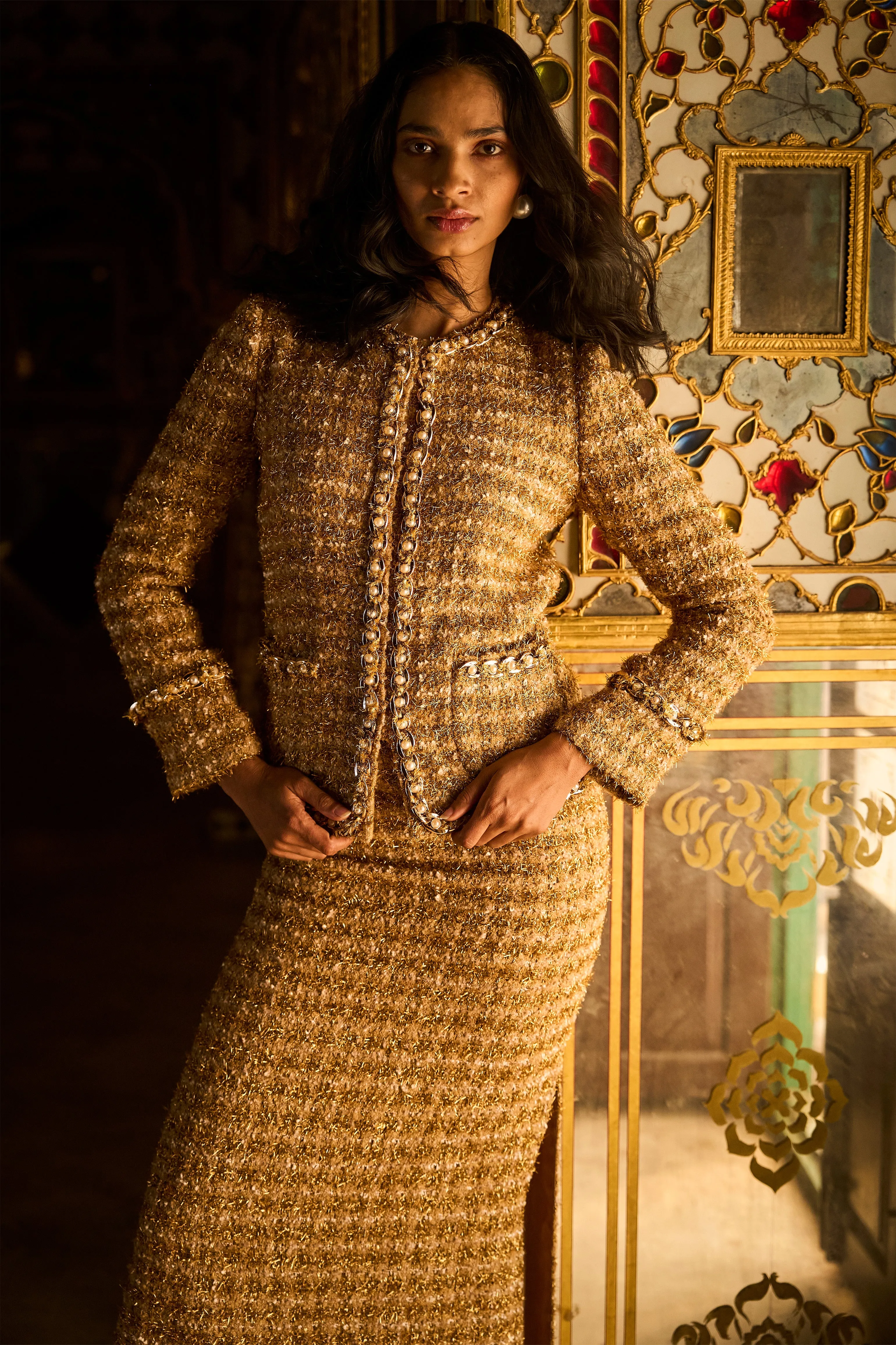 Gold Bouclé Jacket and Skirt