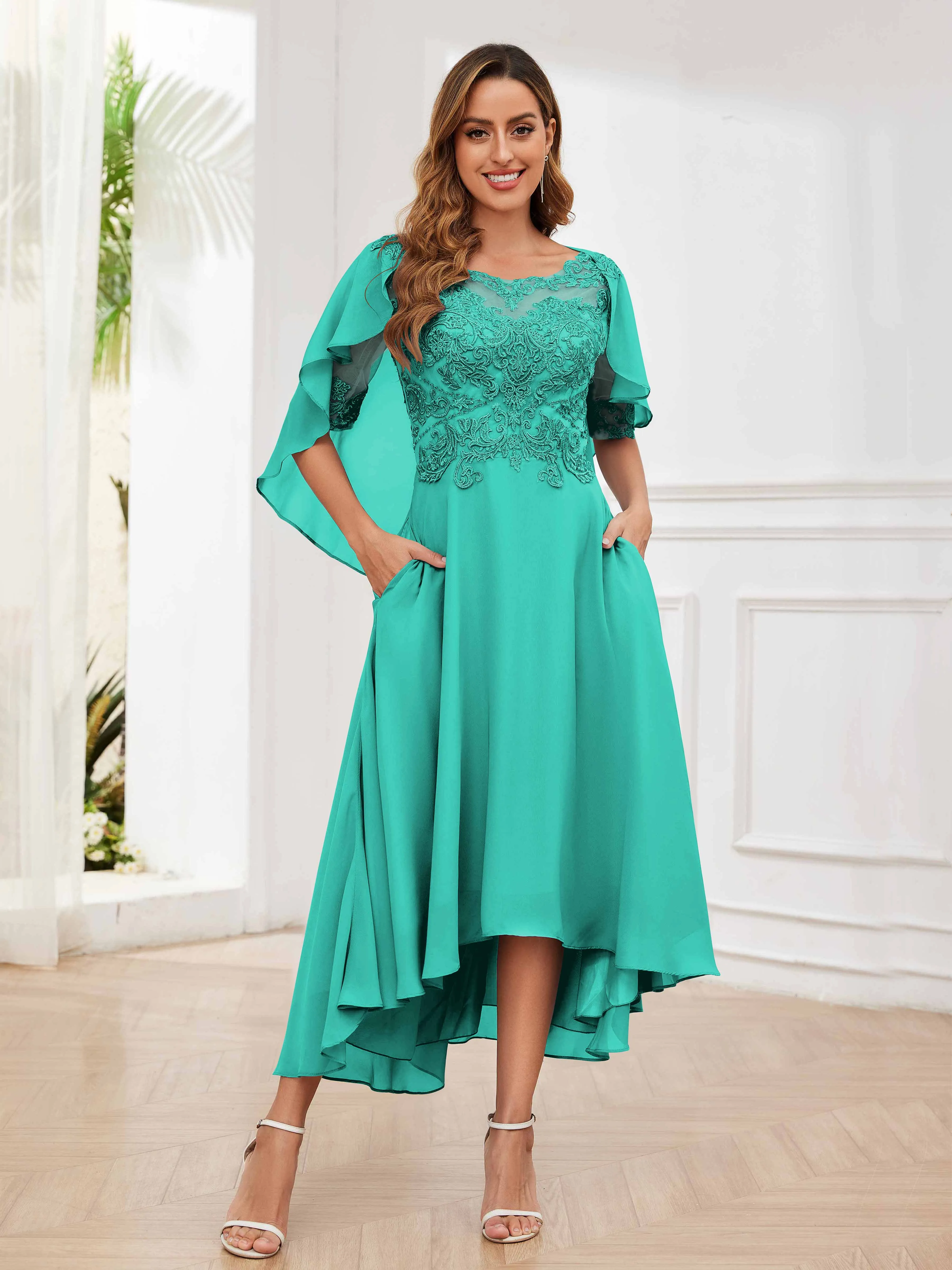 Jaliyah Trendy Illusion Lace Chiffon High Low Mother of the Bride Dresses