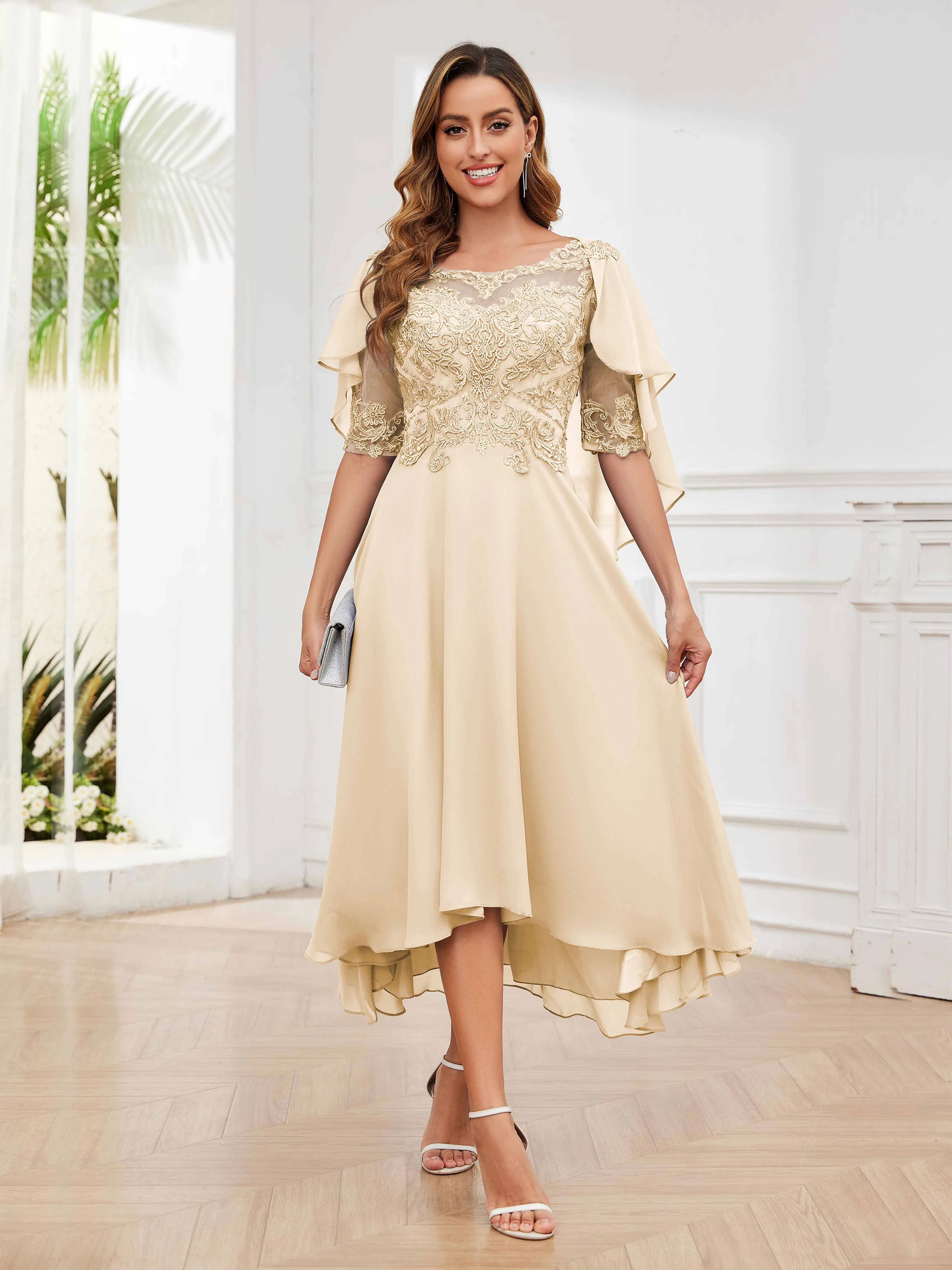 Jaliyah Trendy Illusion Lace Chiffon High Low Mother of the Bride Dresses
