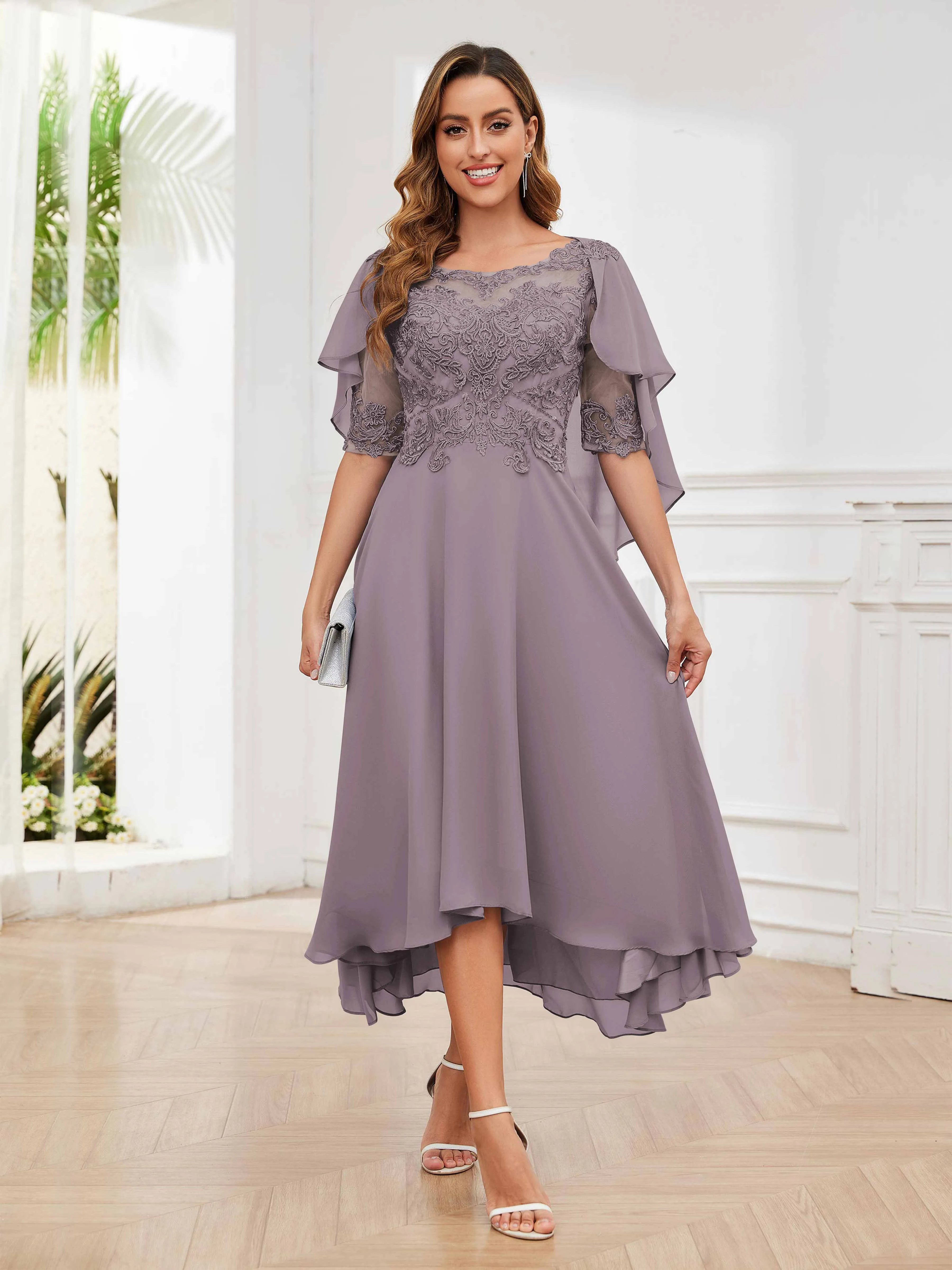 Jaliyah Trendy Illusion Lace Chiffon High Low Mother of the Bride Dresses