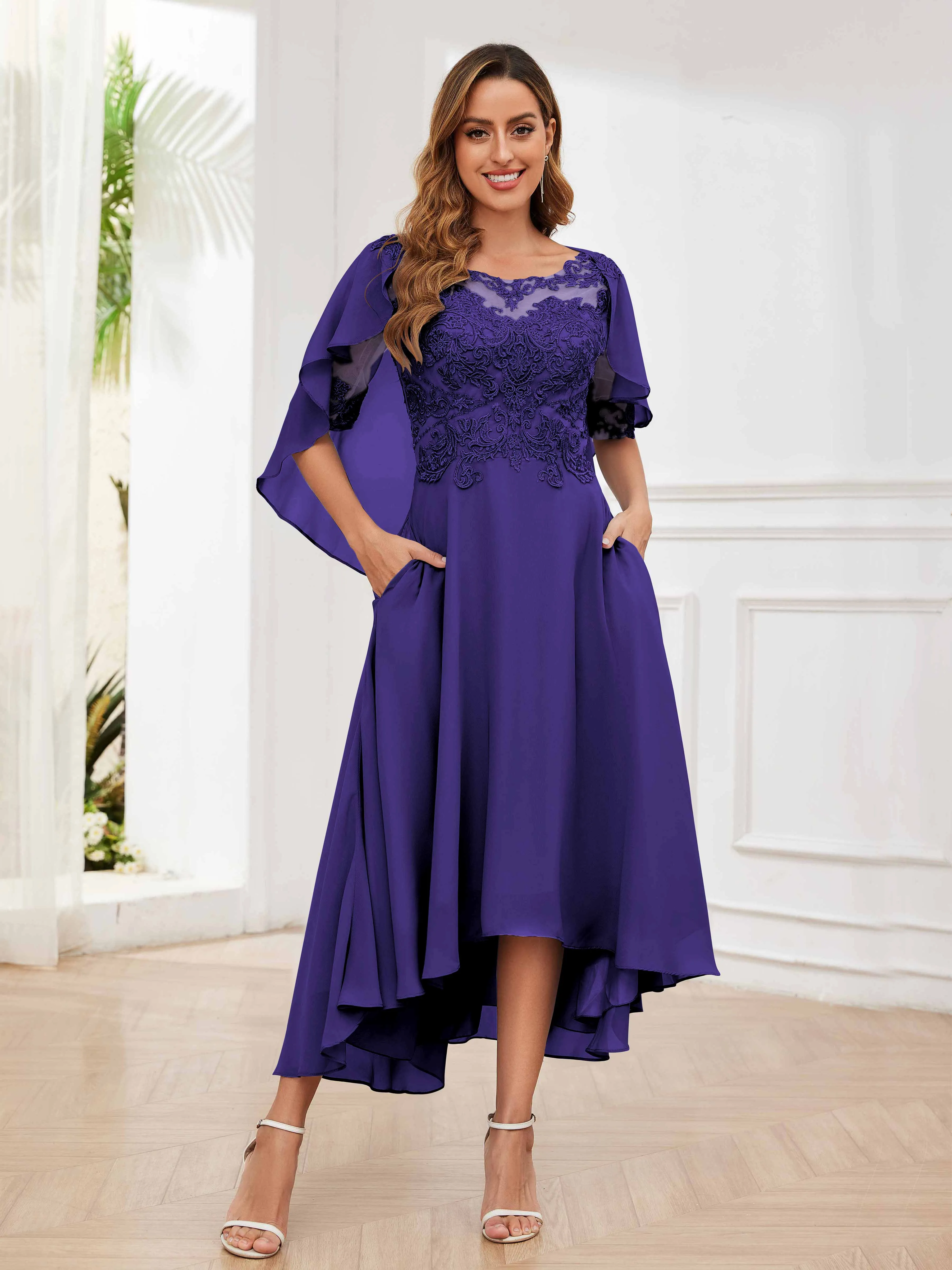 Jaliyah Trendy Illusion Lace Chiffon High Low Mother of the Bride Dresses