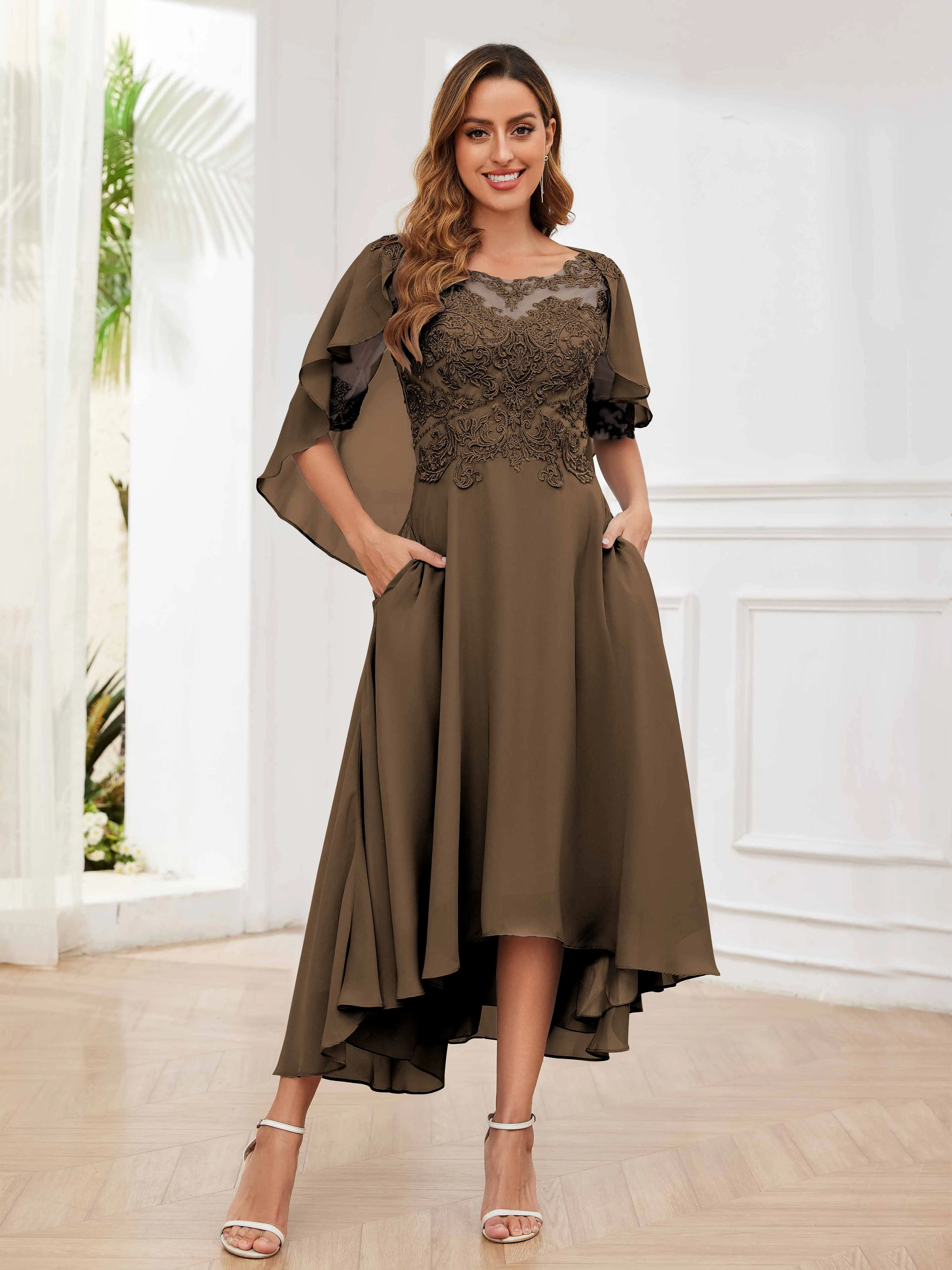 Jaliyah Trendy Illusion Lace Chiffon High Low Mother of the Bride Dresses