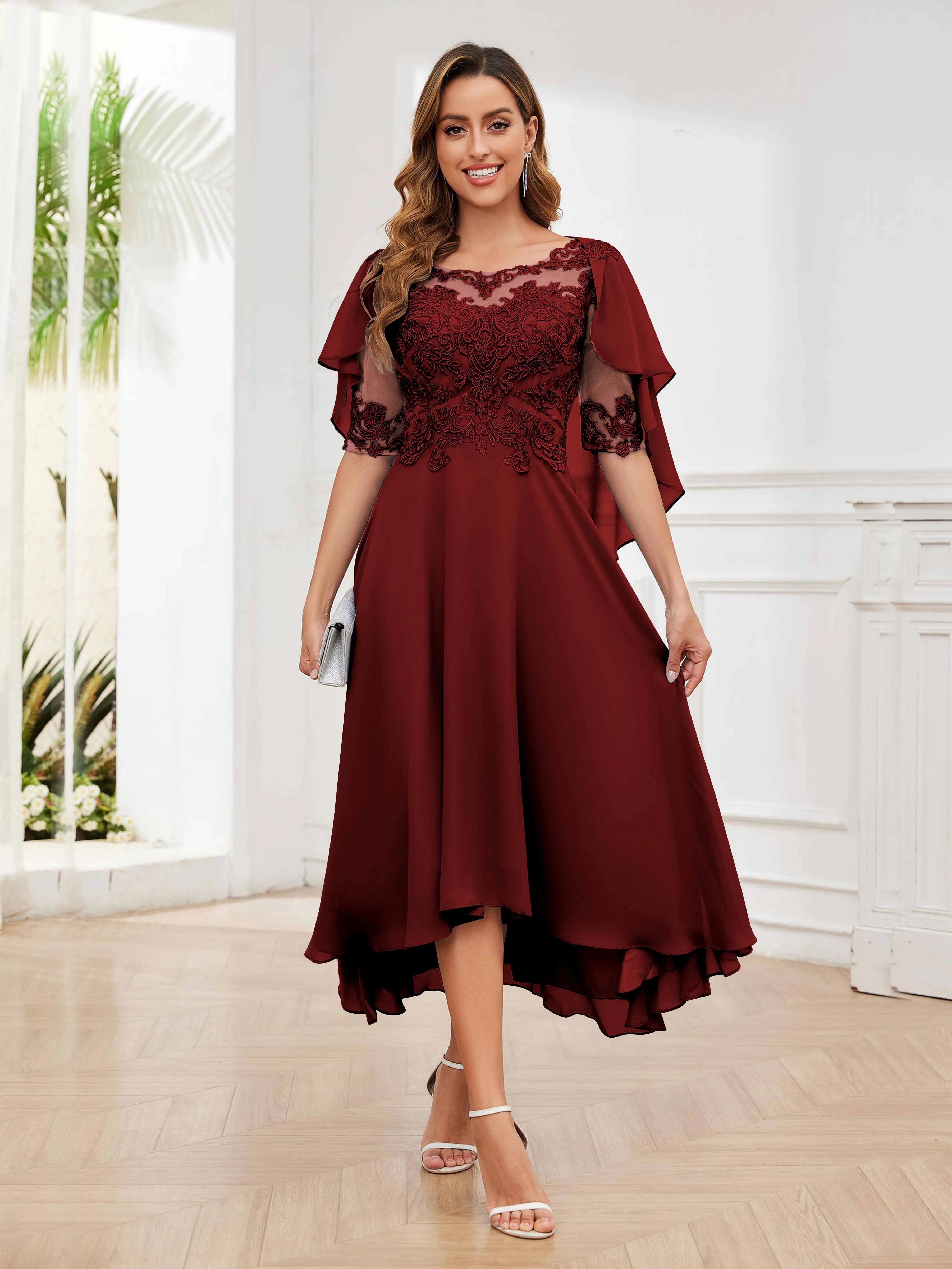 Jaliyah Trendy Illusion Lace Chiffon High Low Mother of the Bride Dresses
