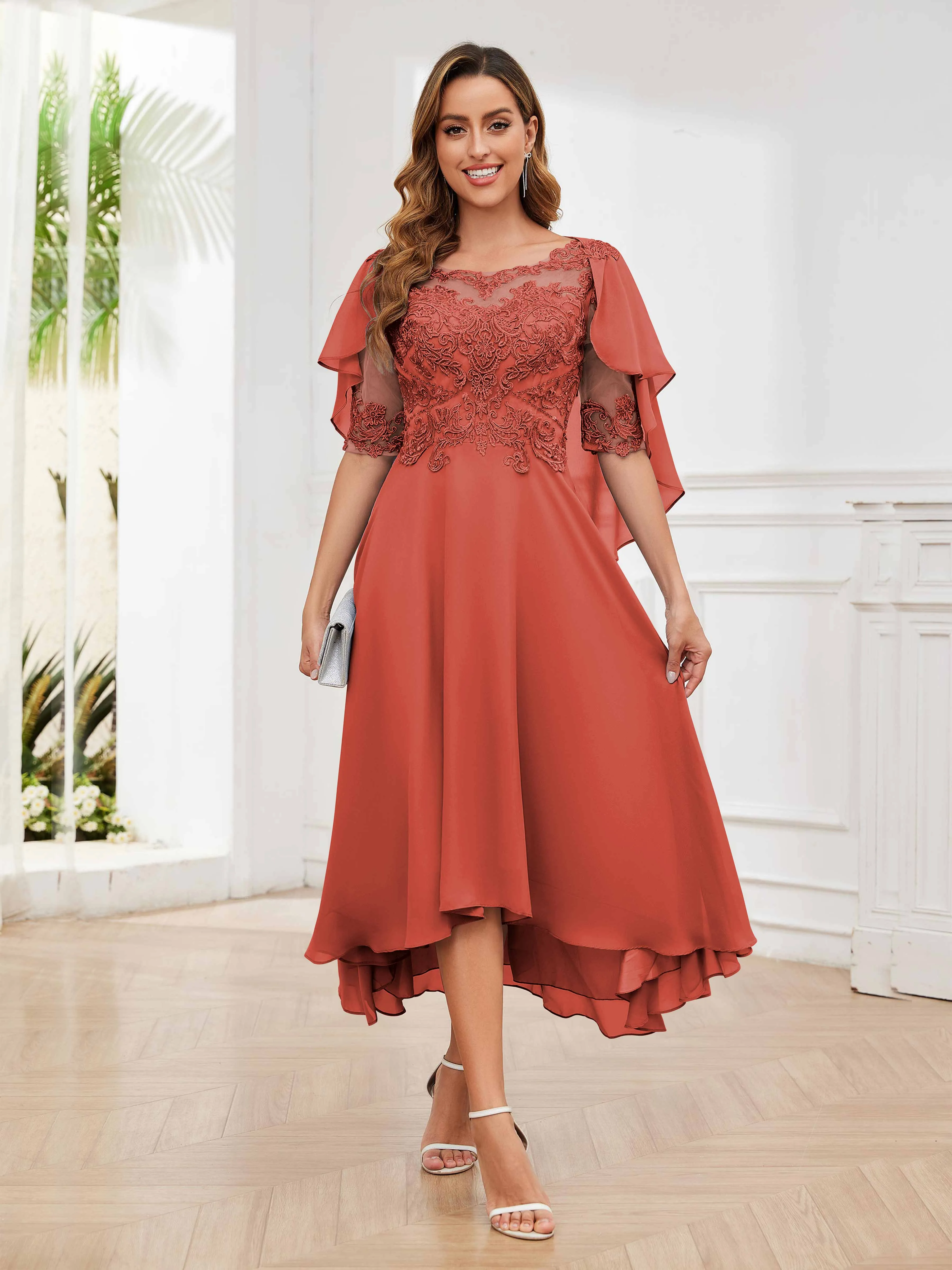 Jaliyah Trendy Illusion Lace Chiffon High Low Mother of the Bride Dresses