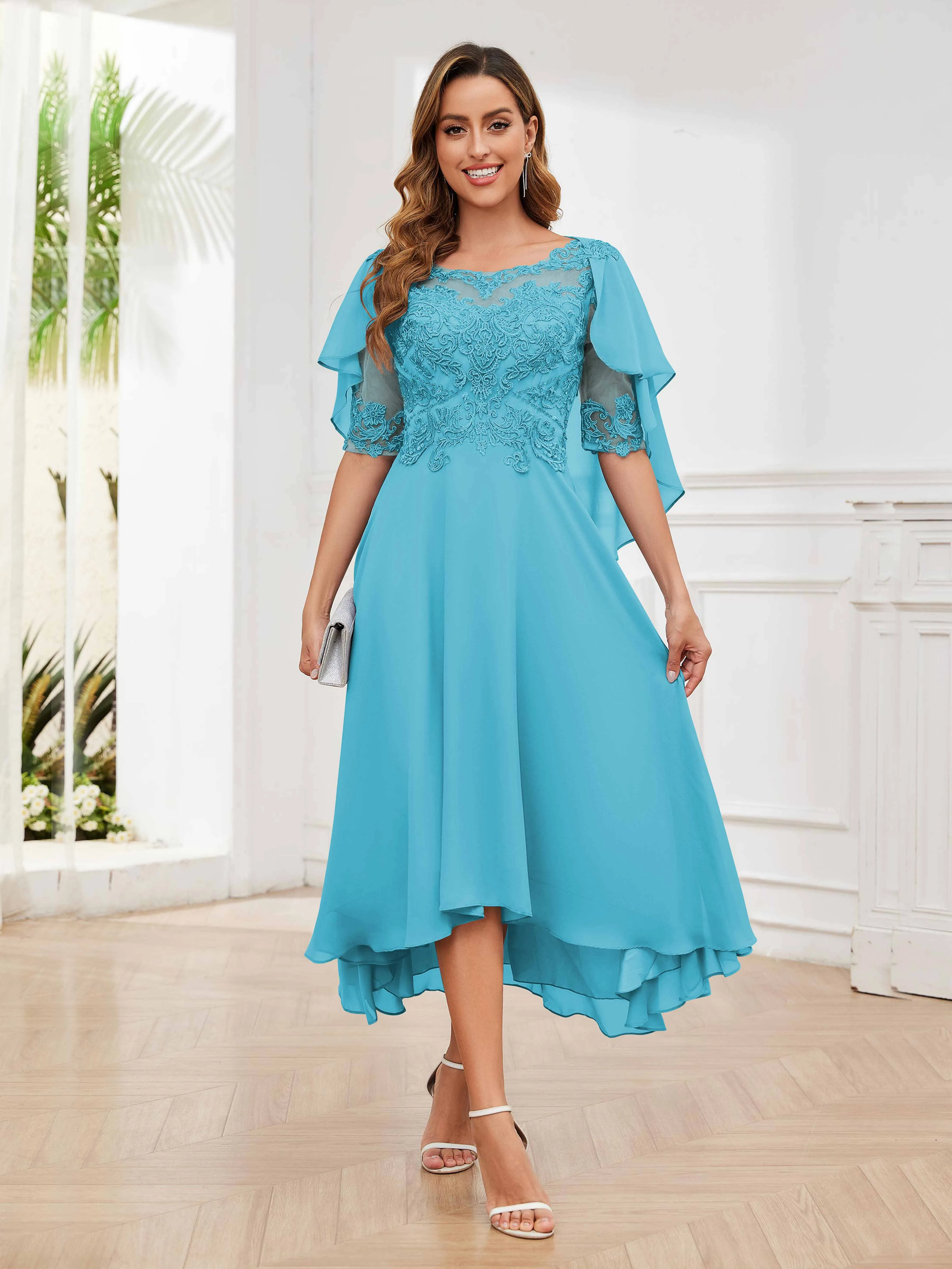 Jaliyah Trendy Illusion Lace Chiffon High Low Mother of the Bride Dresses
