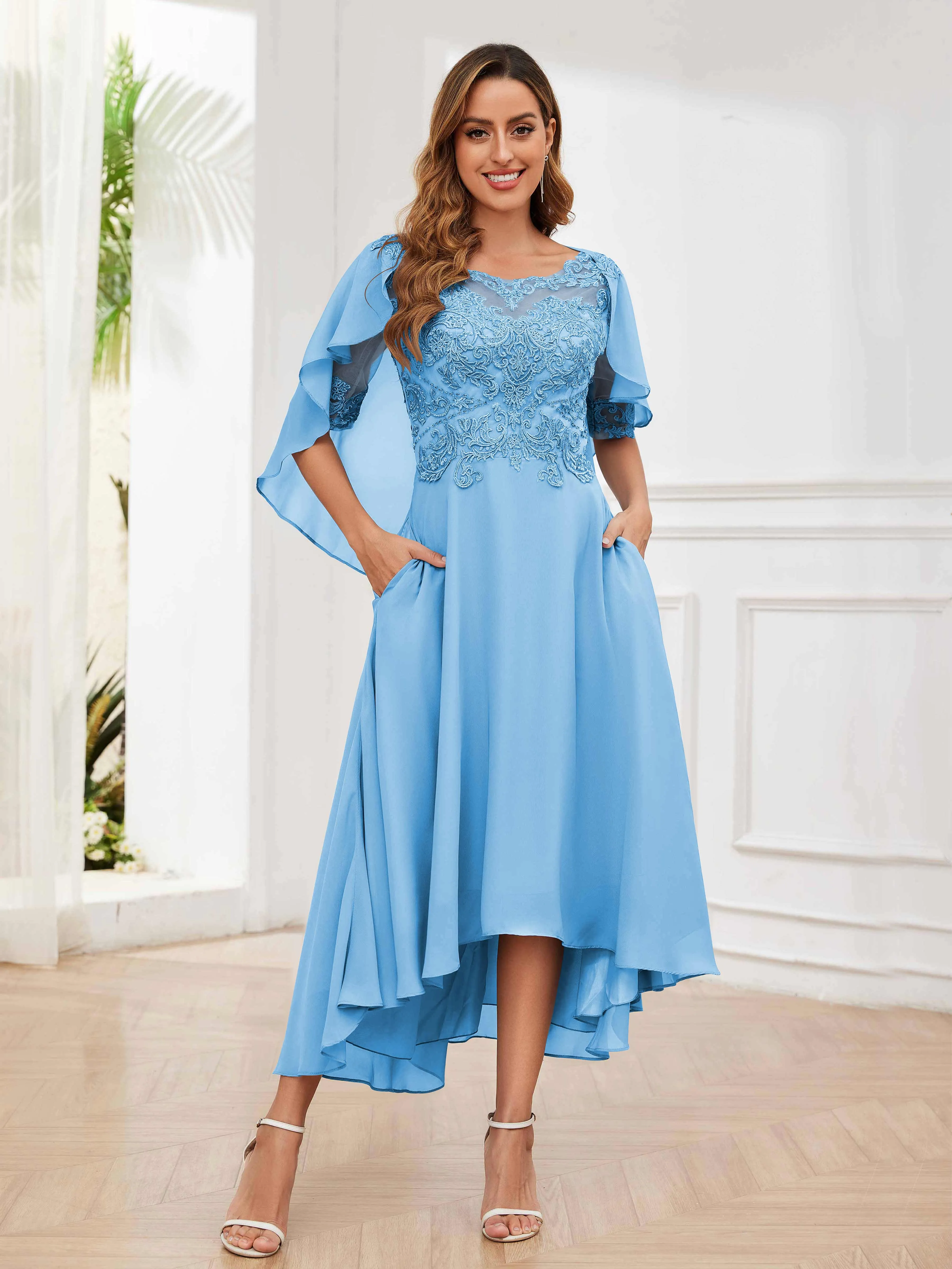 Jaliyah Trendy Illusion Lace Chiffon High Low Mother of the Bride Dresses
