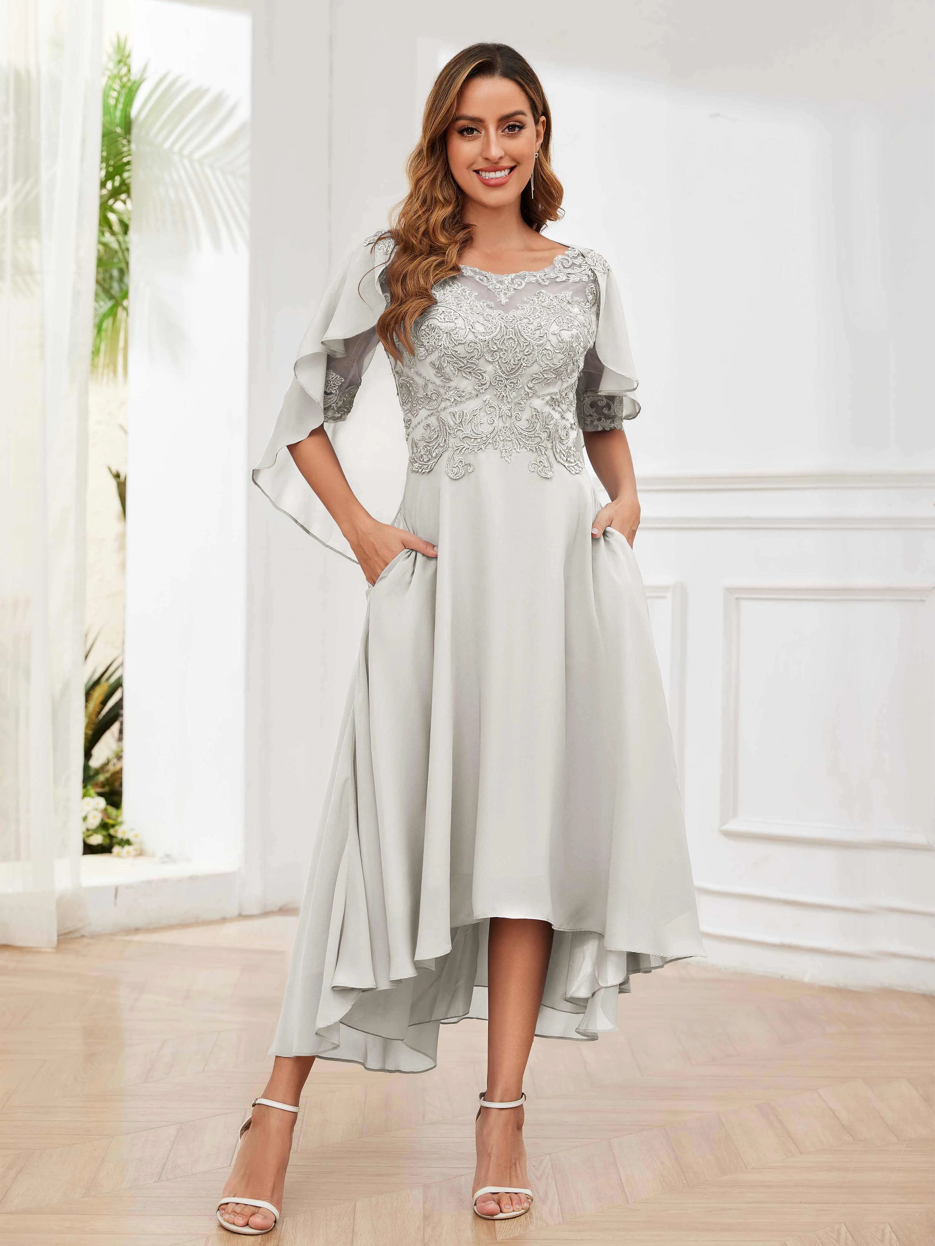 Jaliyah Trendy Illusion Lace Chiffon High Low Mother of the Bride Dresses
