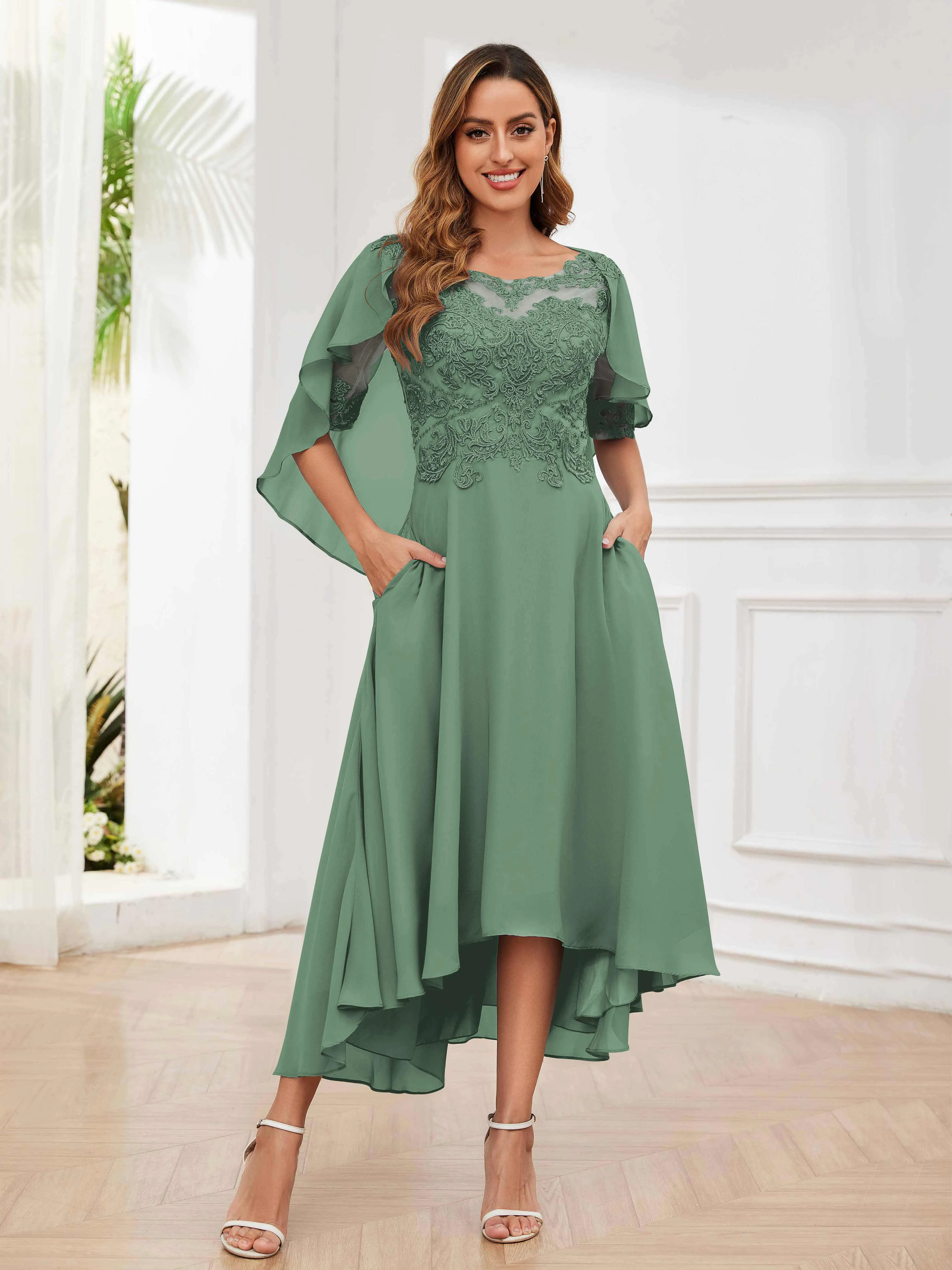 Jaliyah Trendy Illusion Lace Chiffon High Low Mother of the Bride Dresses