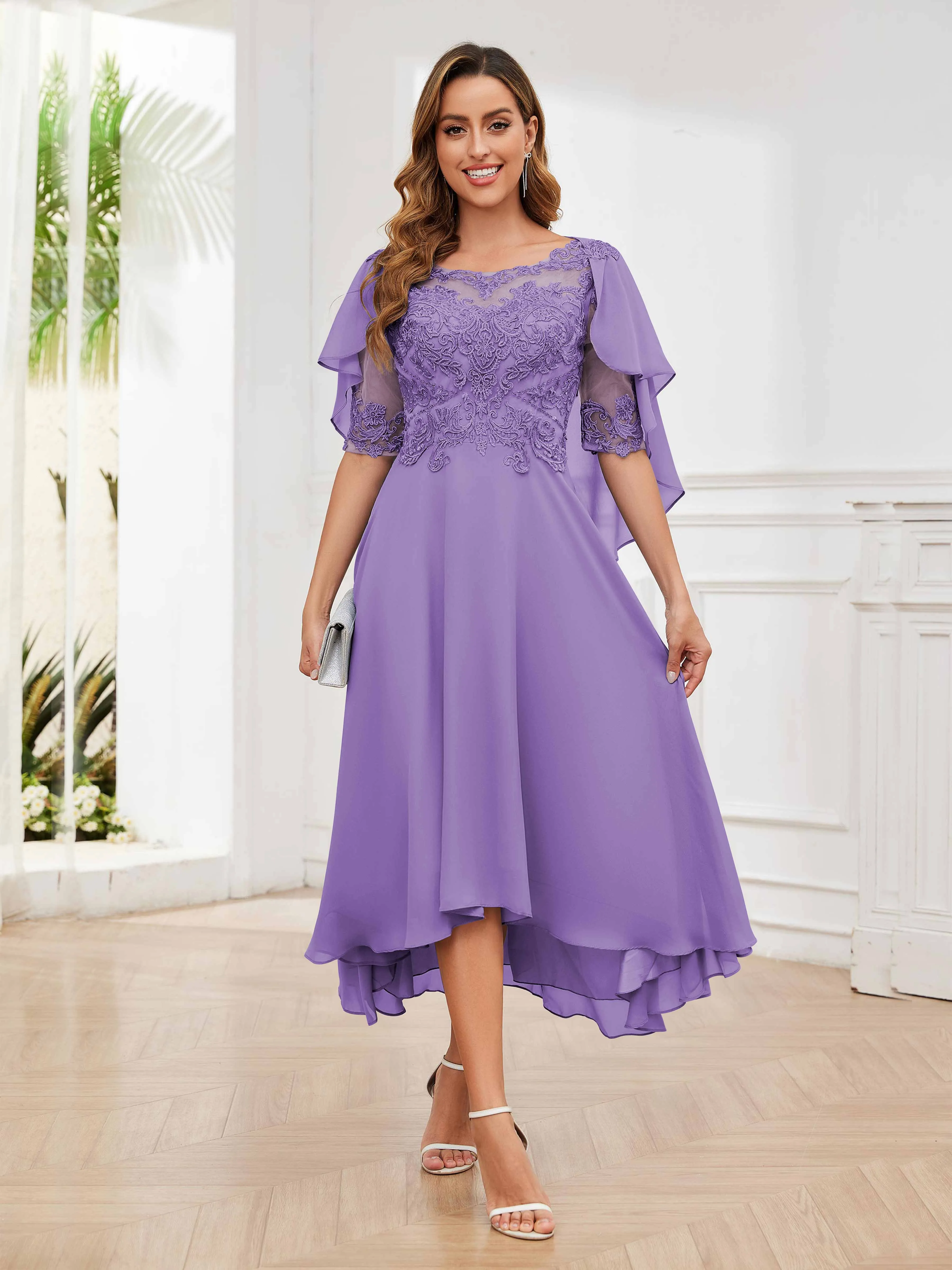 Jaliyah Trendy Illusion Lace Chiffon High Low Mother of the Bride Dresses