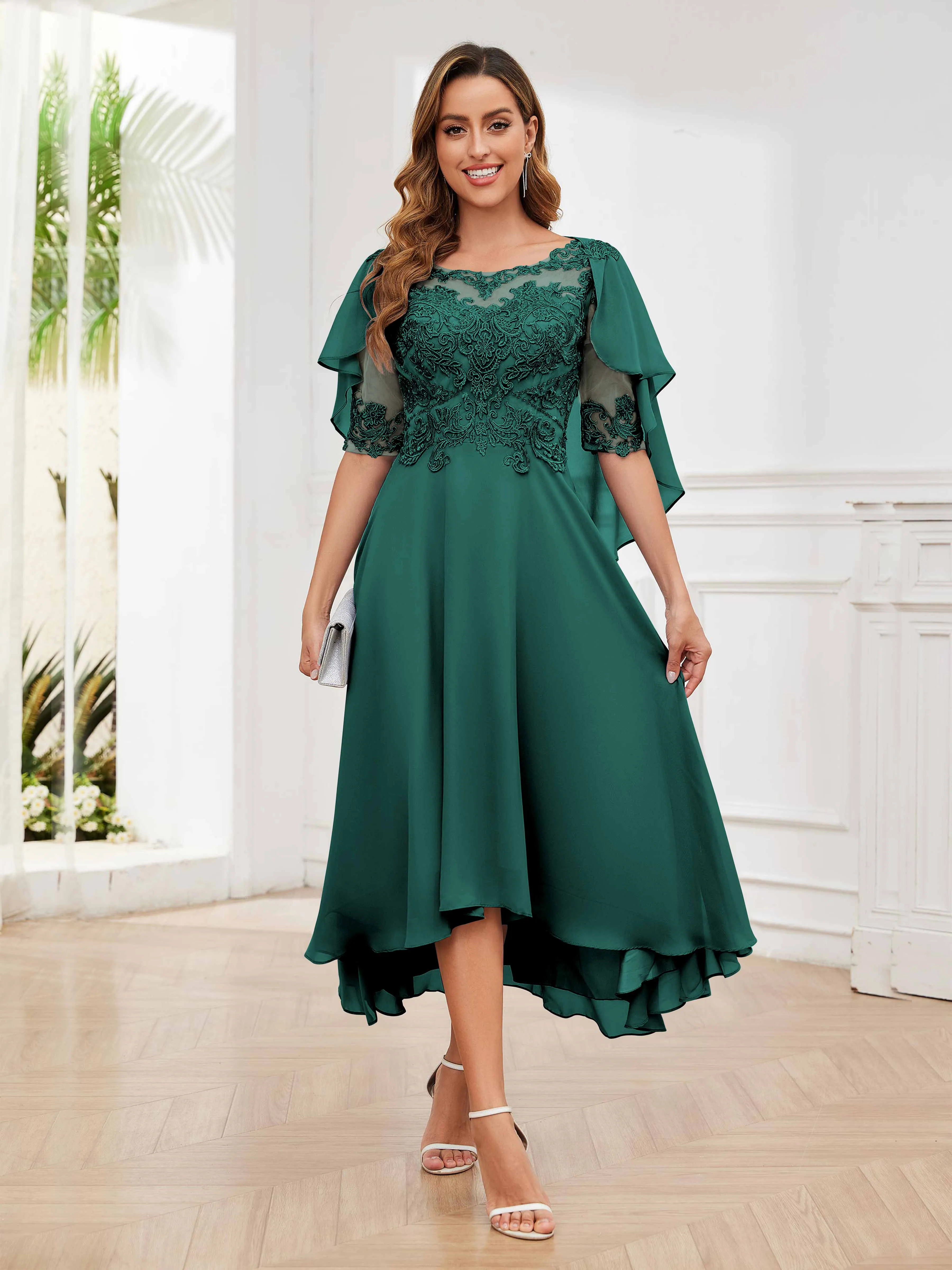 Jaliyah Trendy Illusion Lace Chiffon High Low Mother of the Bride Dresses