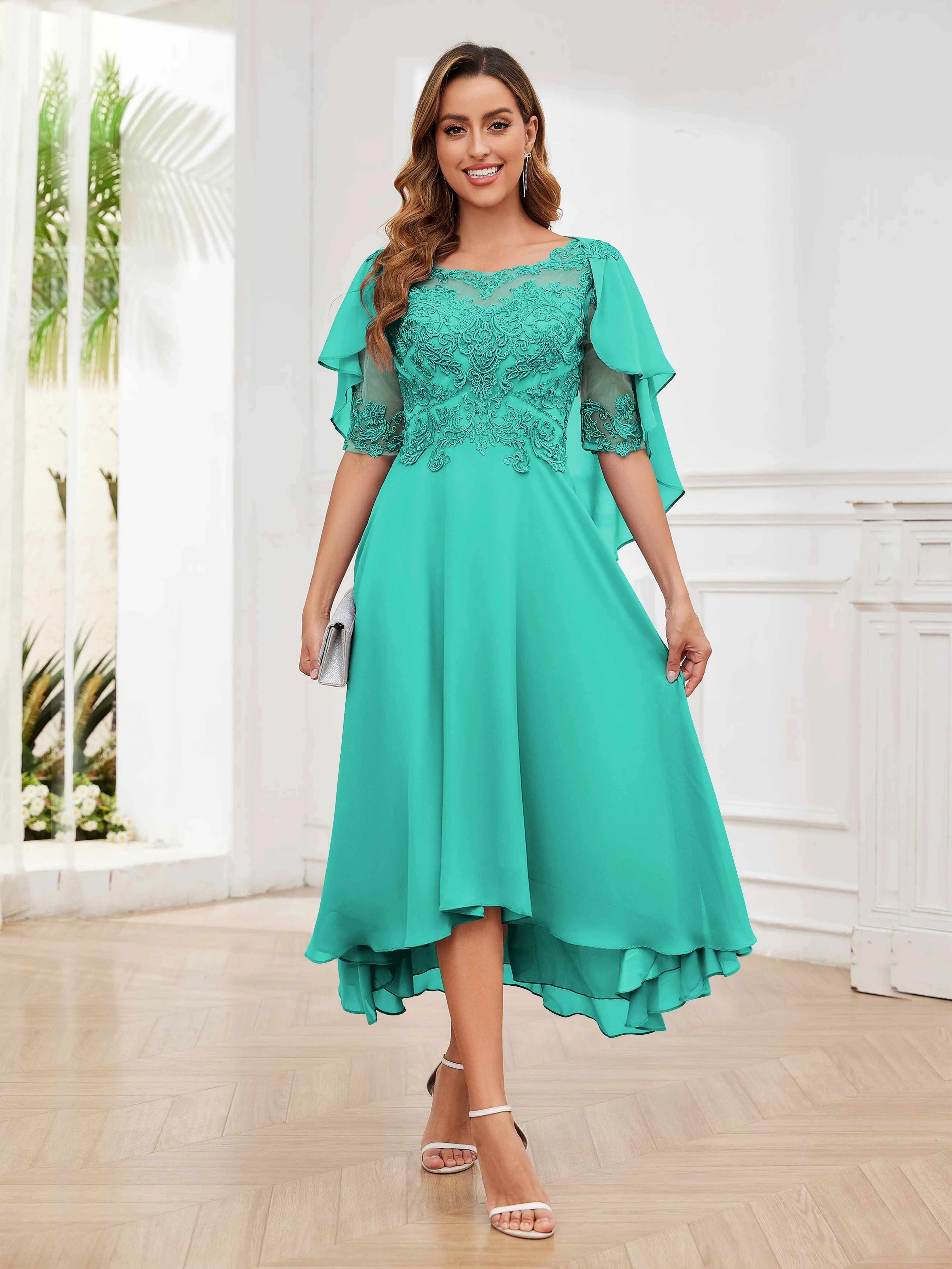 Jaliyah Trendy Illusion Lace Chiffon High Low Mother of the Bride Dresses