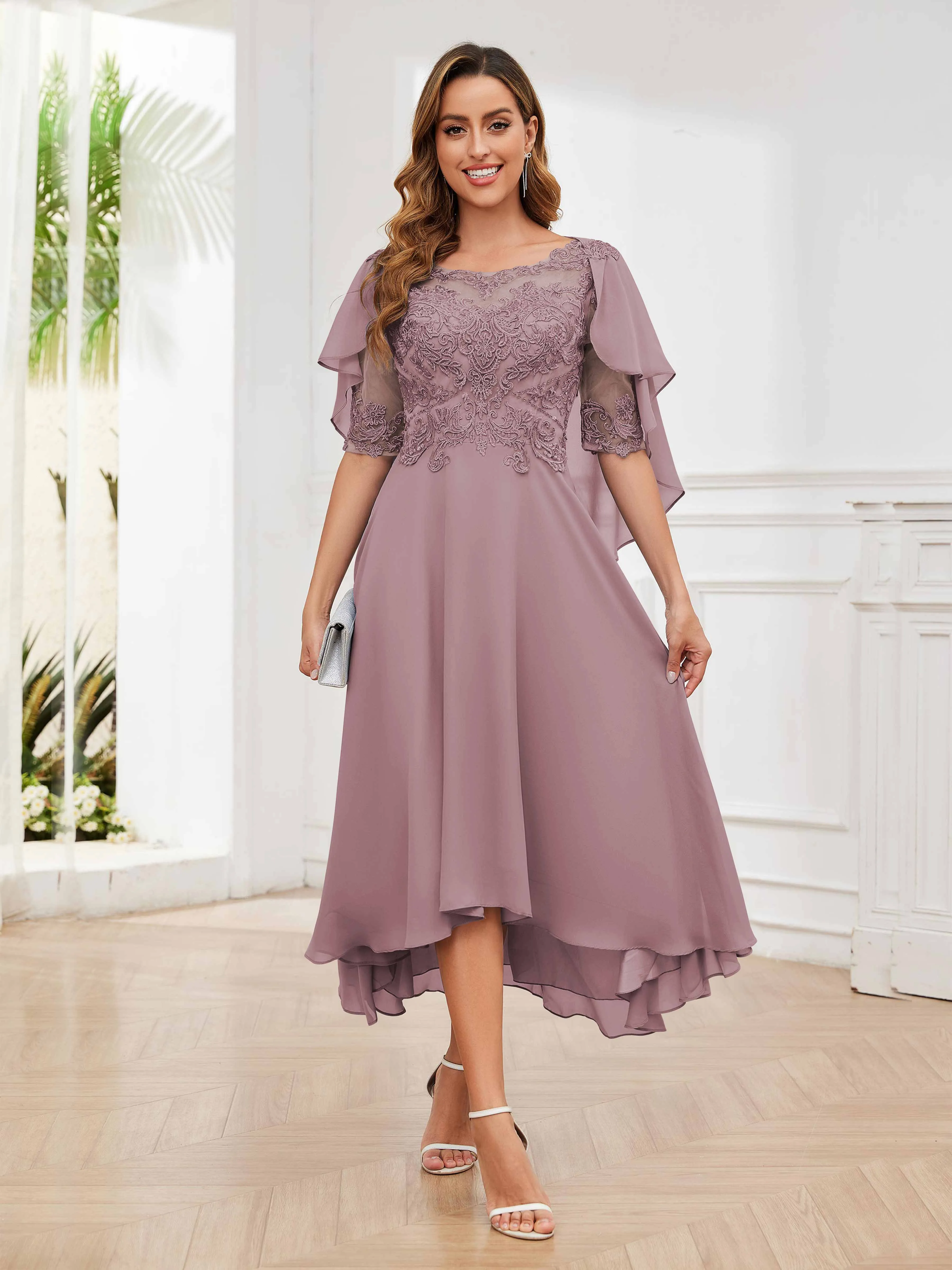 Jaliyah Trendy Illusion Lace Chiffon High Low Mother of the Bride Dresses