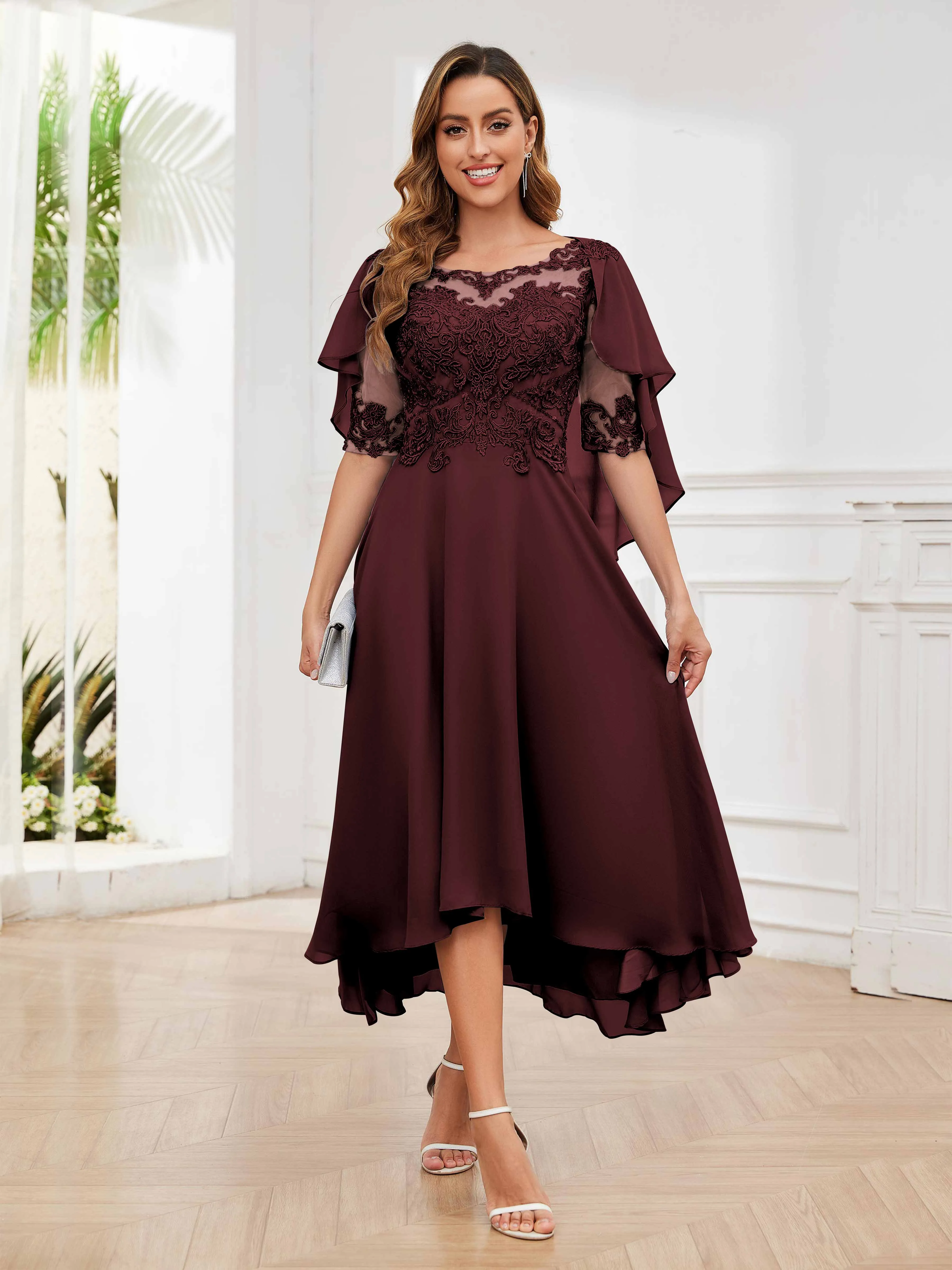 Jaliyah Trendy Illusion Lace Chiffon High Low Mother of the Bride Dresses
