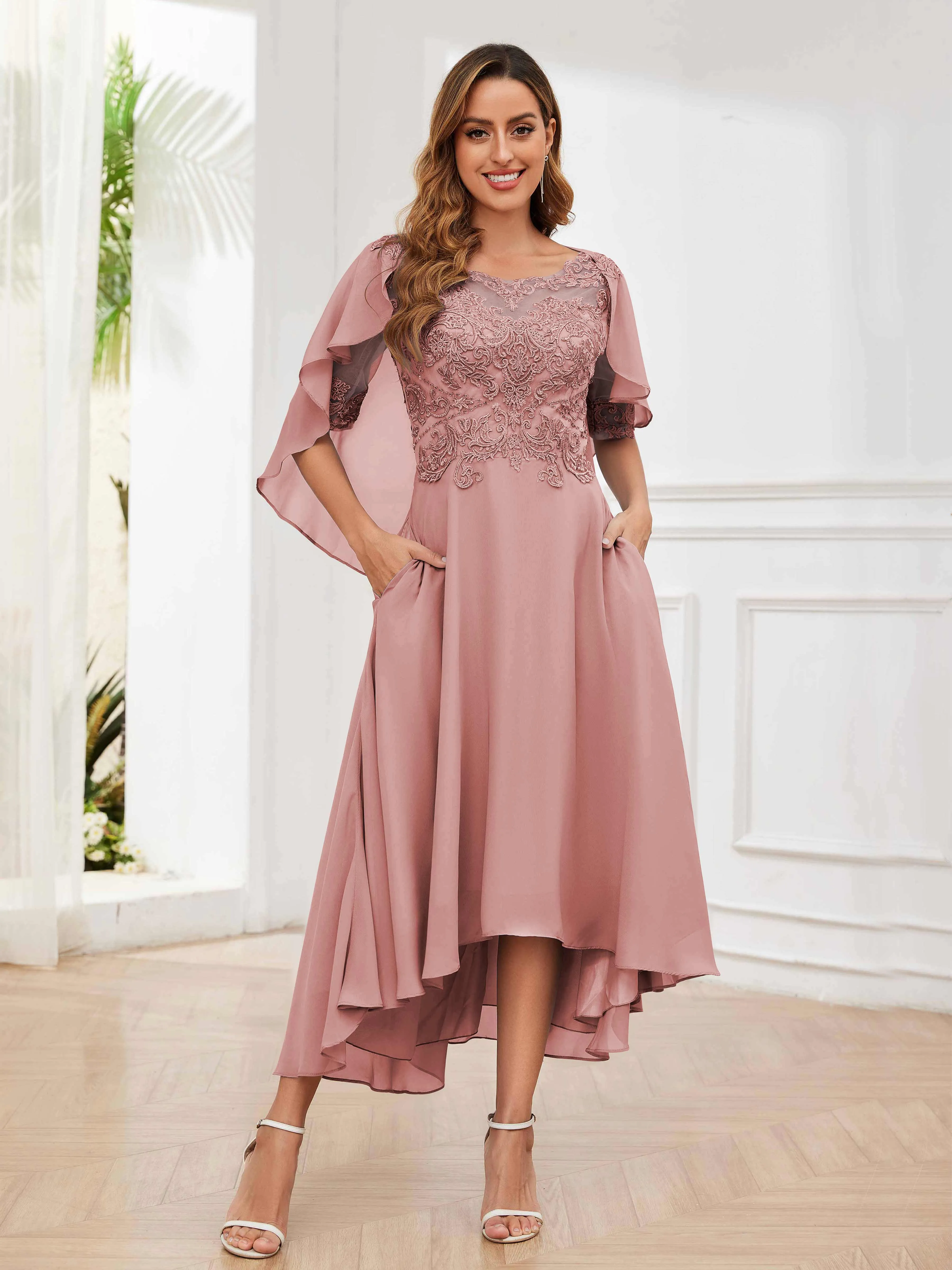 Jaliyah Trendy Illusion Lace Chiffon High Low Mother of the Bride Dresses