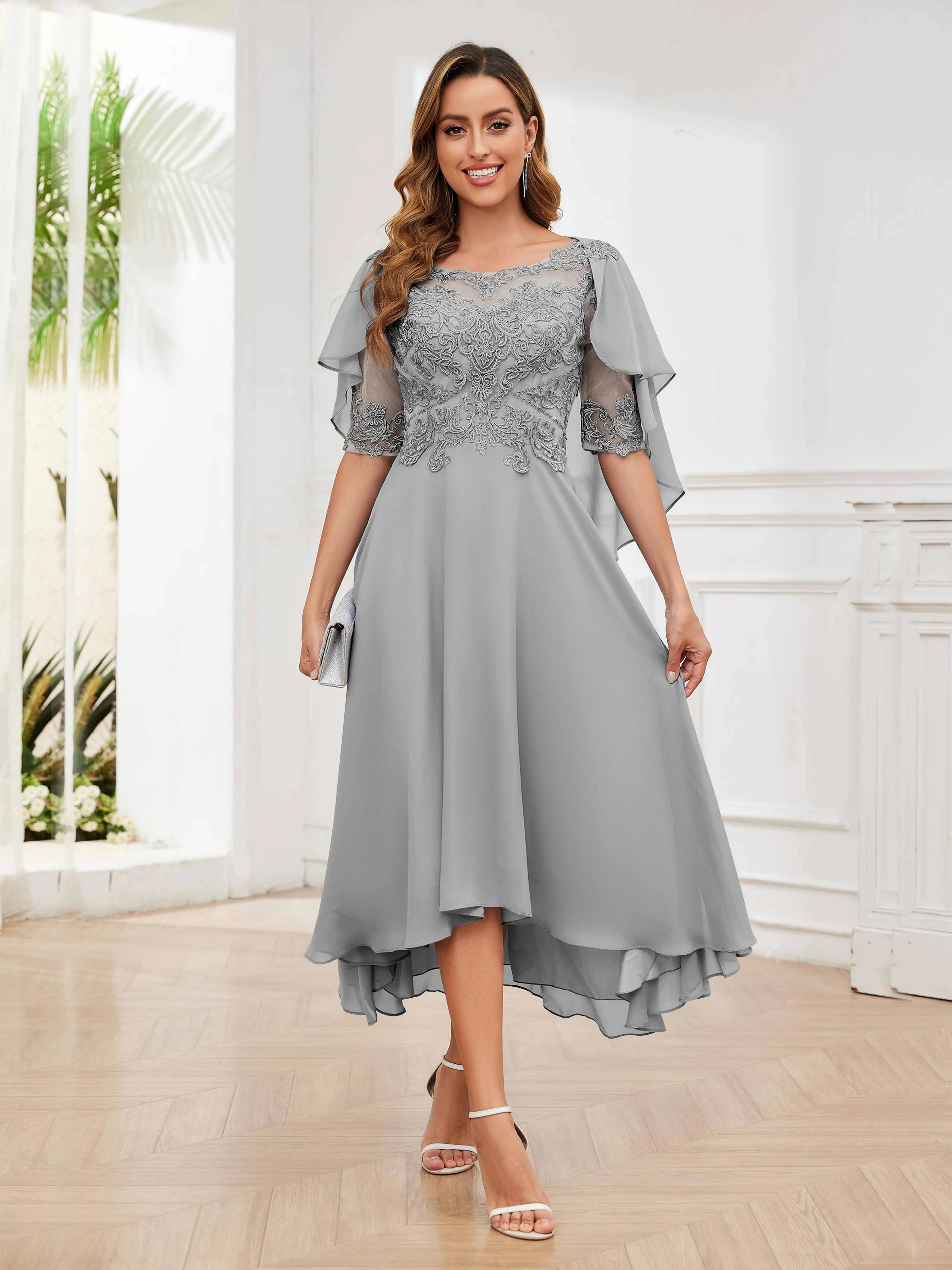 Jaliyah Trendy Illusion Lace Chiffon High Low Mother of the Bride Dresses