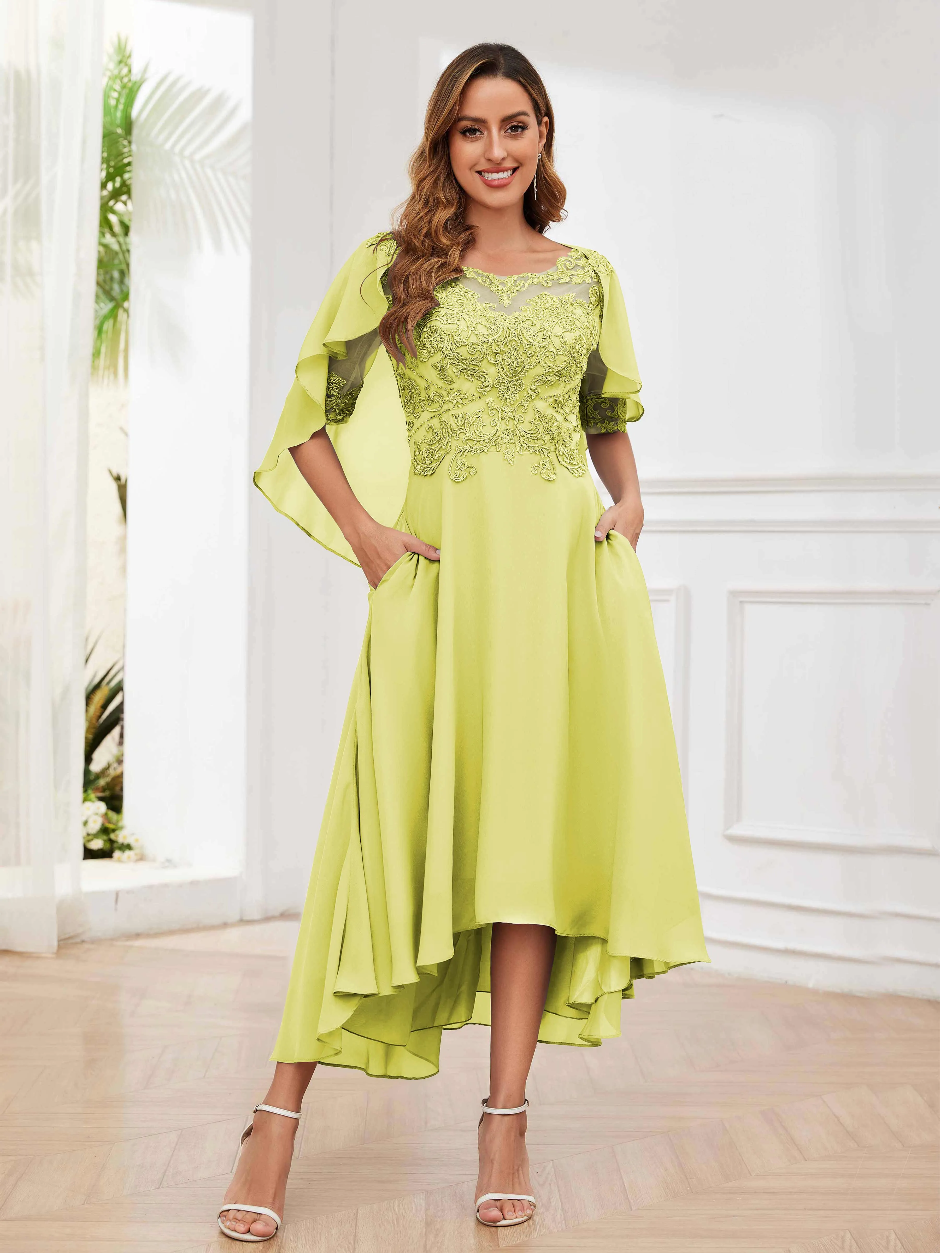 Jaliyah Trendy Illusion Lace Chiffon High Low Mother of the Bride Dresses