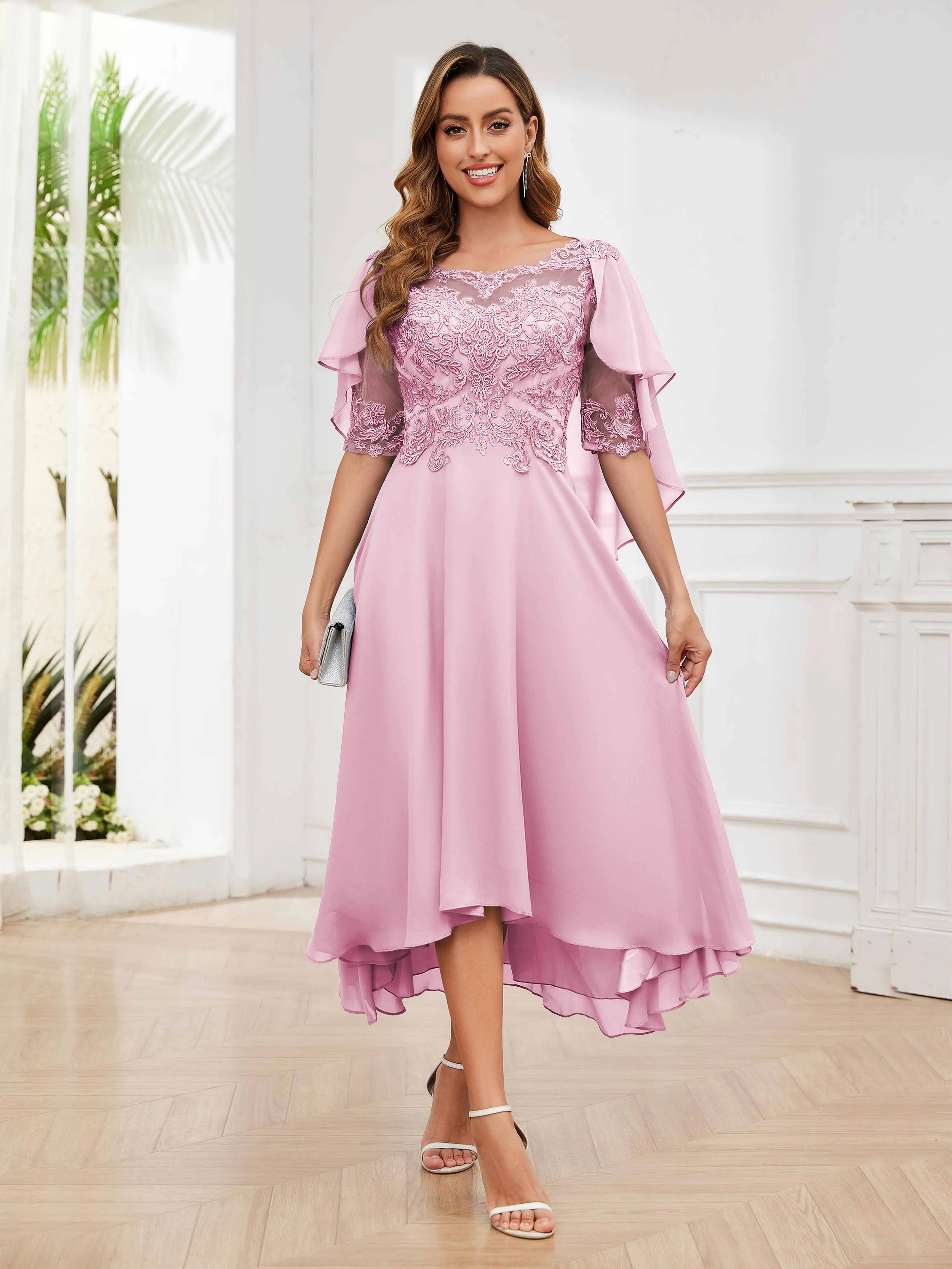Jaliyah Trendy Illusion Lace Chiffon High Low Mother of the Bride Dresses