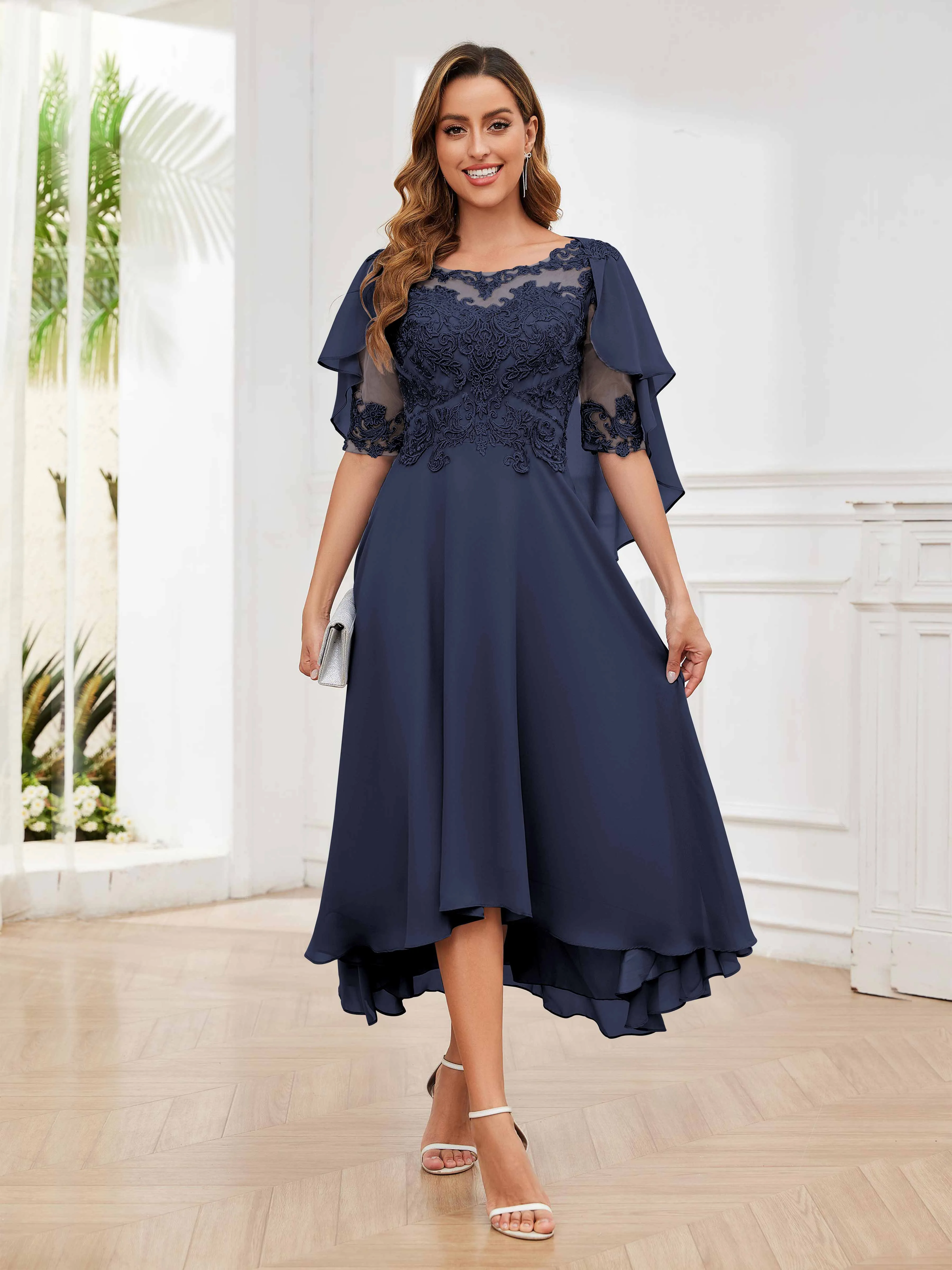 Jaliyah Trendy Illusion Lace Chiffon High Low Mother of the Bride Dresses