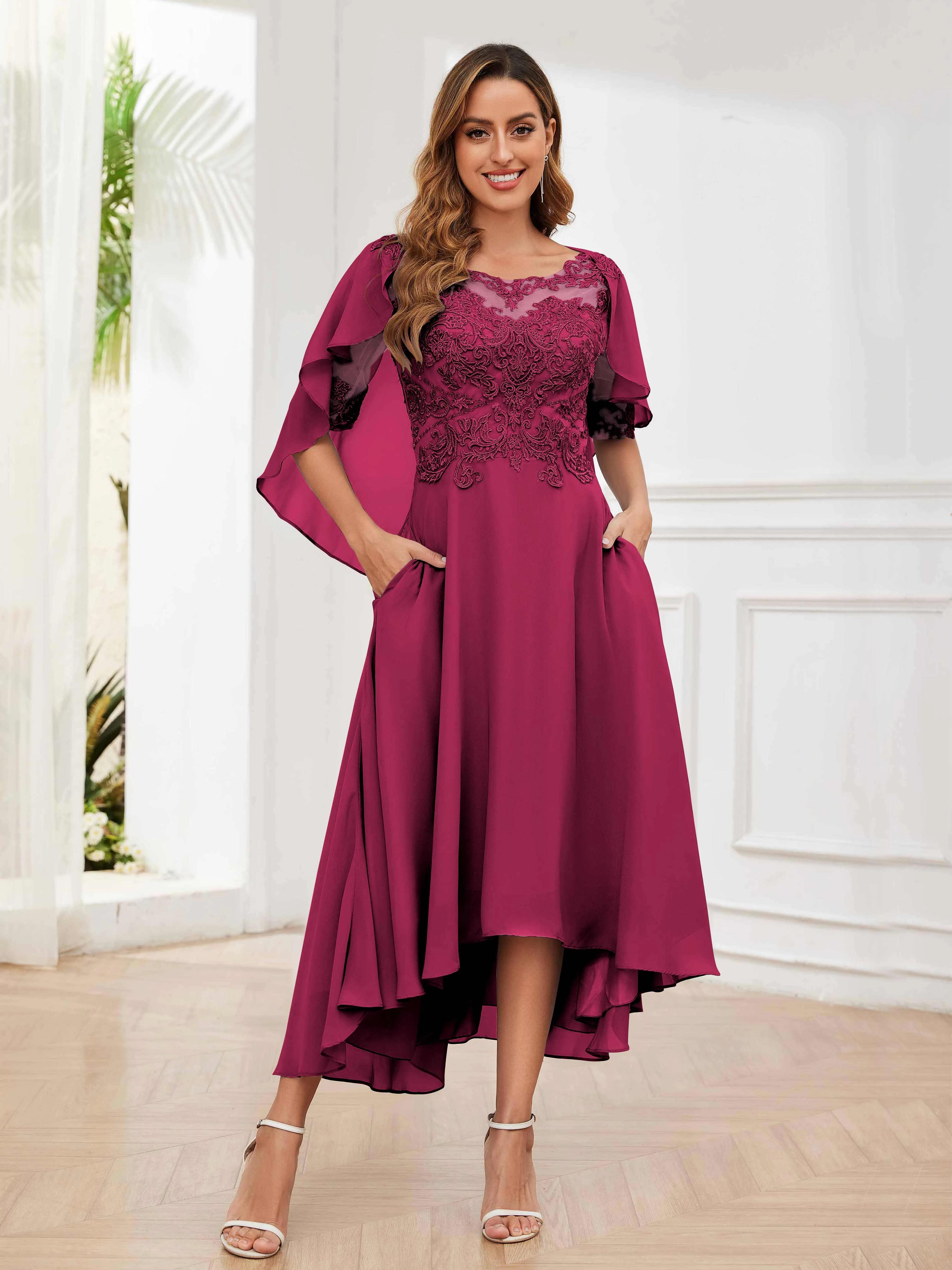 Jaliyah Trendy Illusion Lace Chiffon High Low Mother of the Bride Dresses