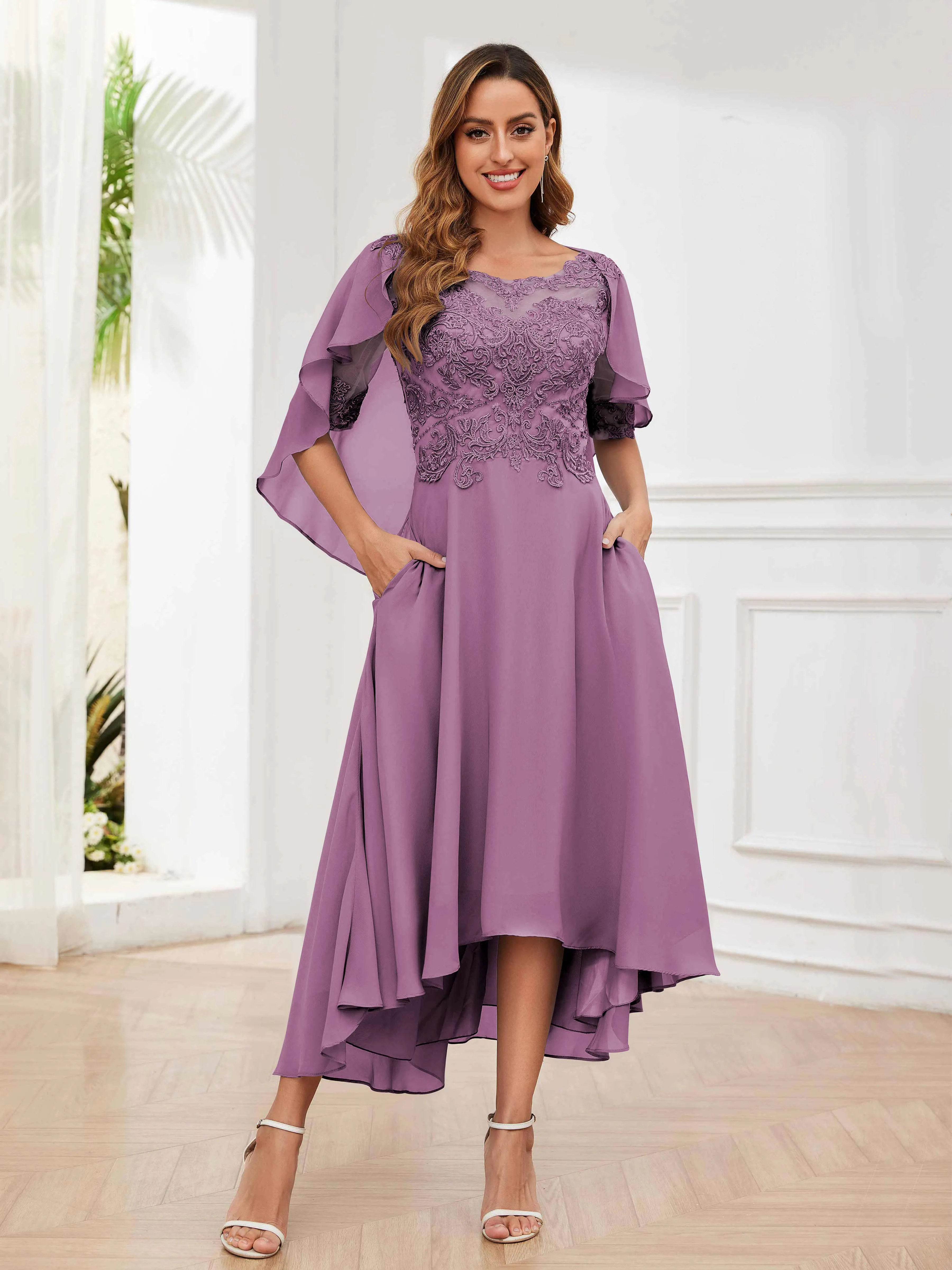 Jaliyah Trendy Illusion Lace Chiffon High Low Mother of the Bride Dresses