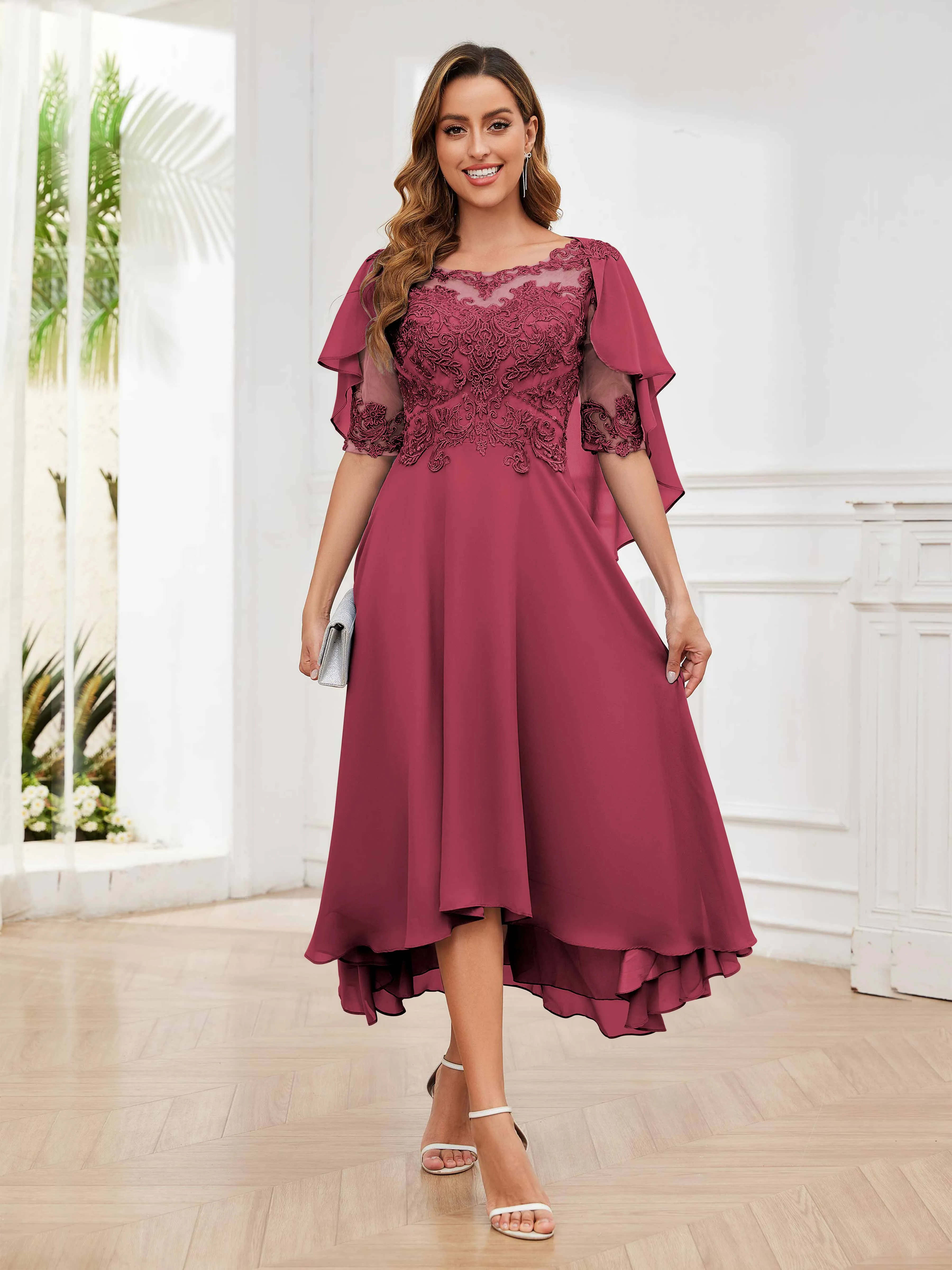 Jaliyah Trendy Illusion Lace Chiffon High Low Mother of the Bride Dresses
