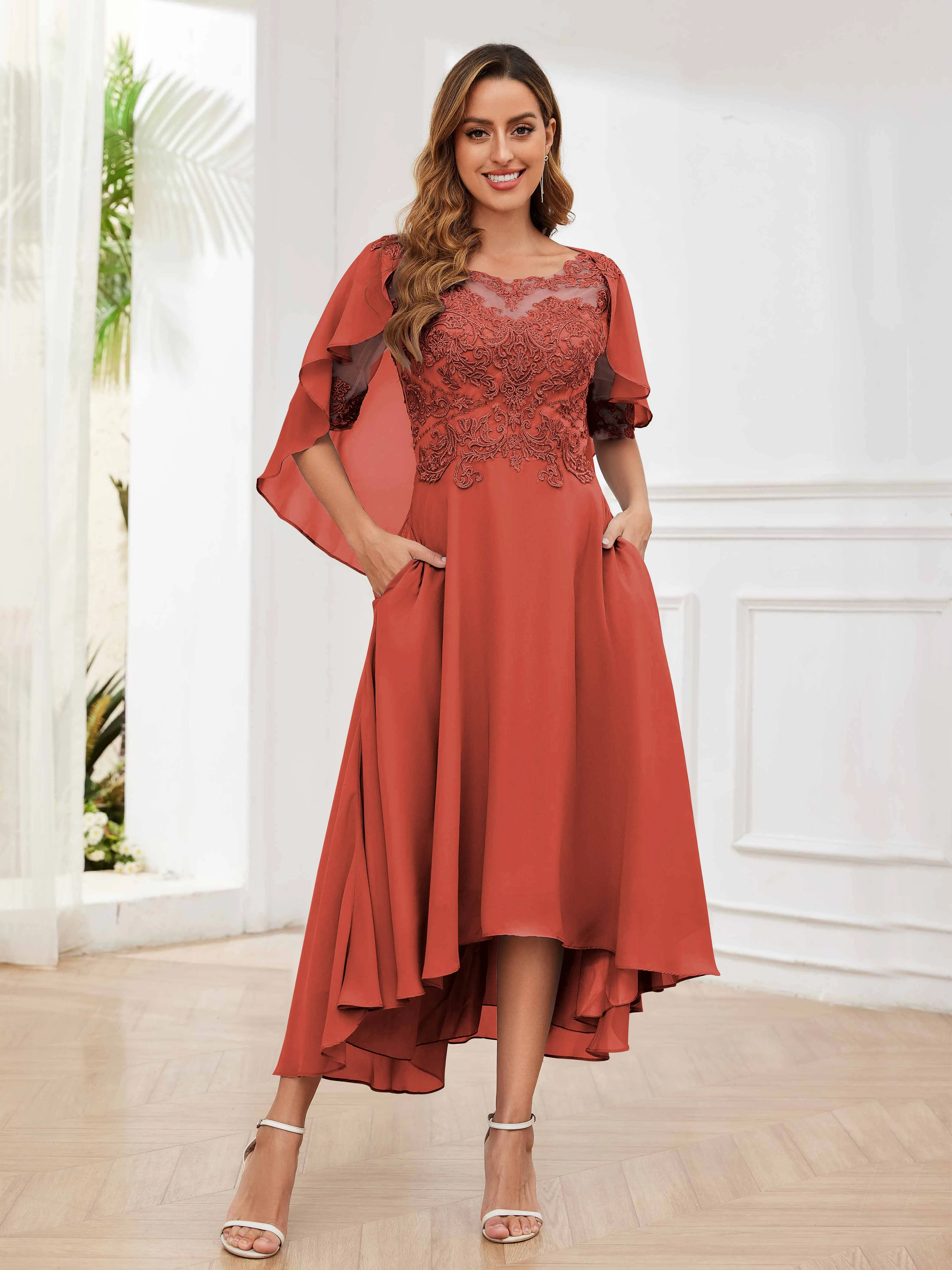 Jaliyah Trendy Illusion Lace Chiffon High Low Mother of the Bride Dresses