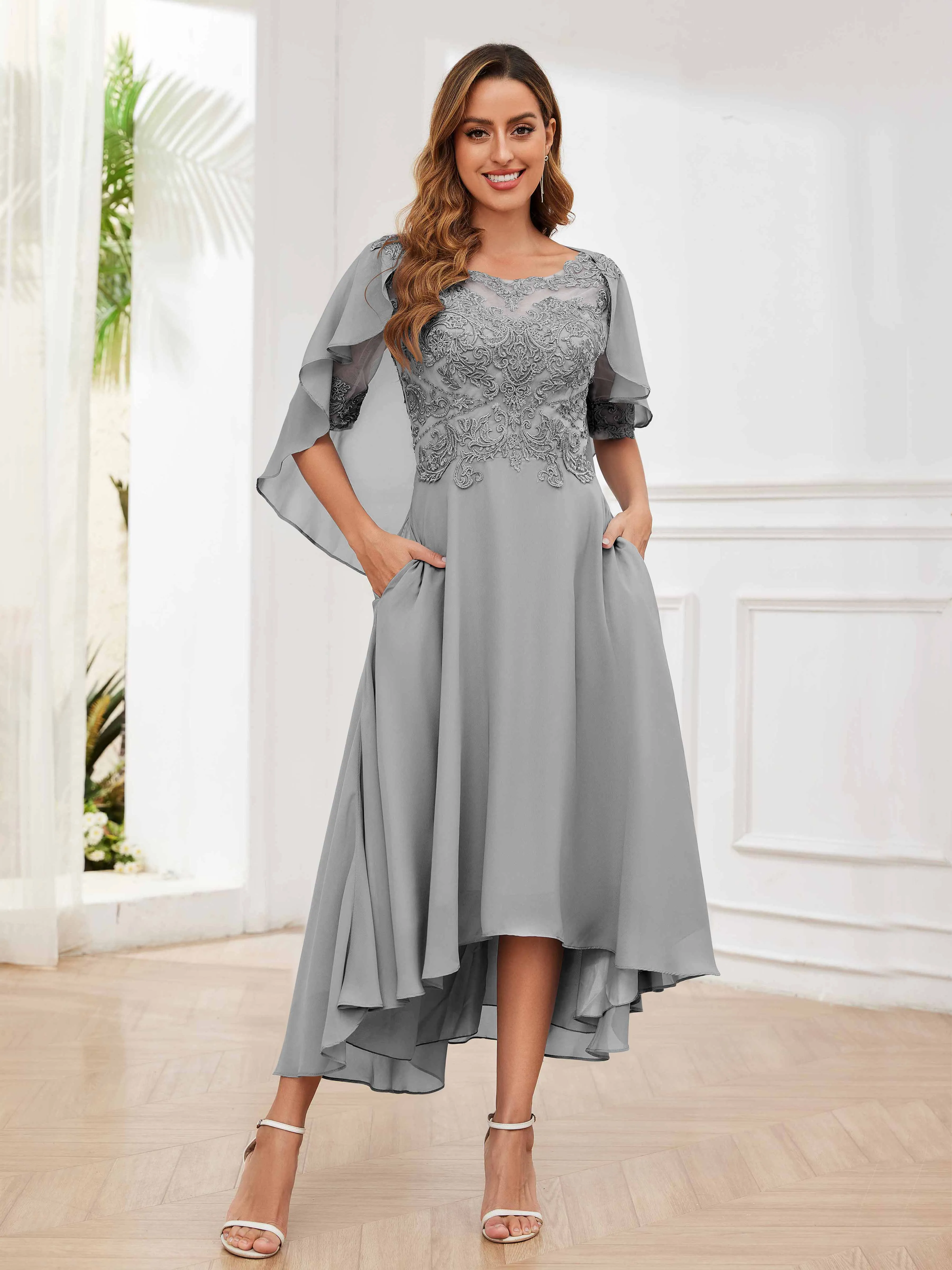 Jaliyah Trendy Illusion Lace Chiffon High Low Mother of the Bride Dresses