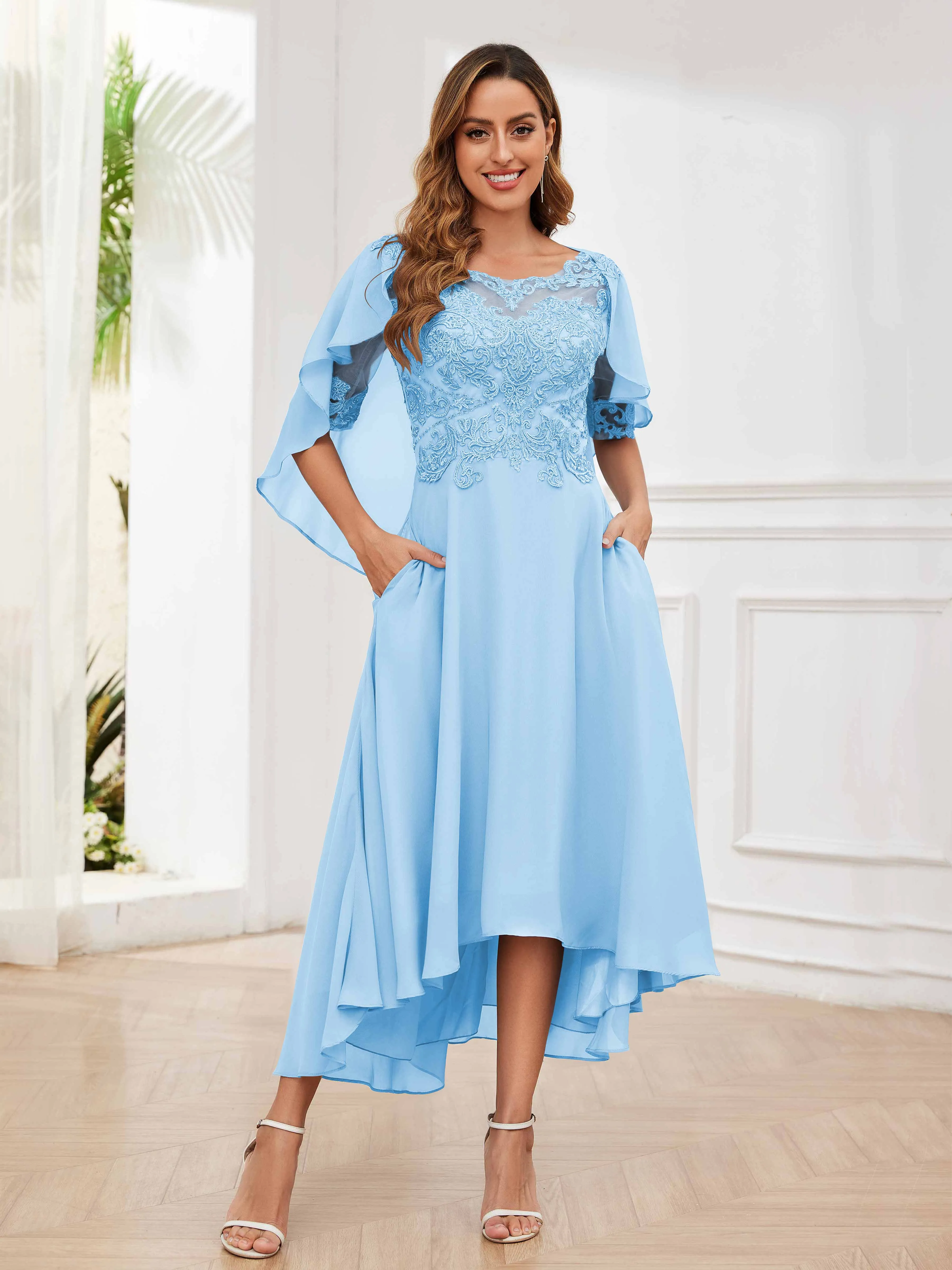 Jaliyah Trendy Illusion Lace Chiffon High Low Mother of the Bride Dresses