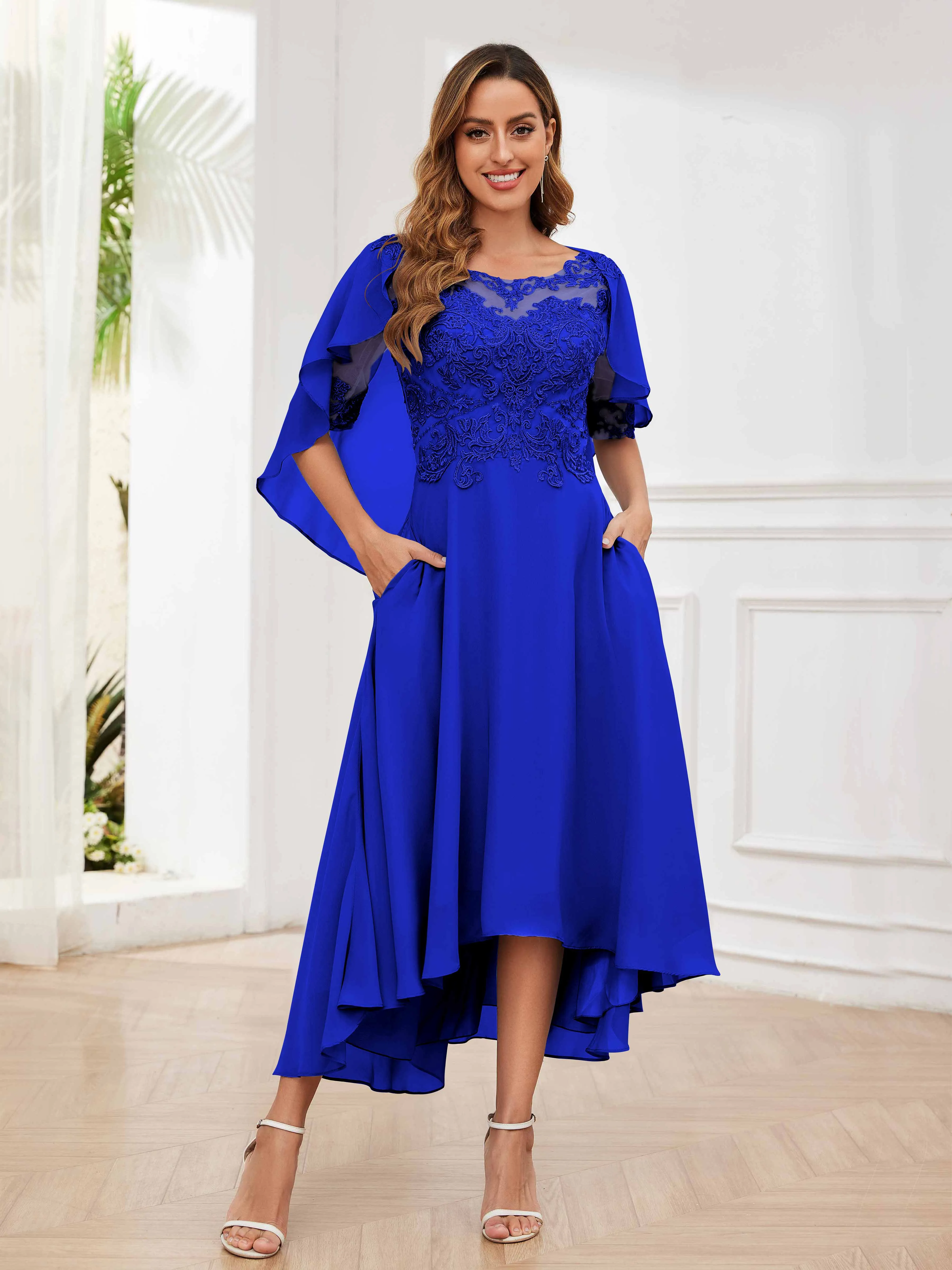 Jaliyah Trendy Illusion Lace Chiffon High Low Mother of the Bride Dresses