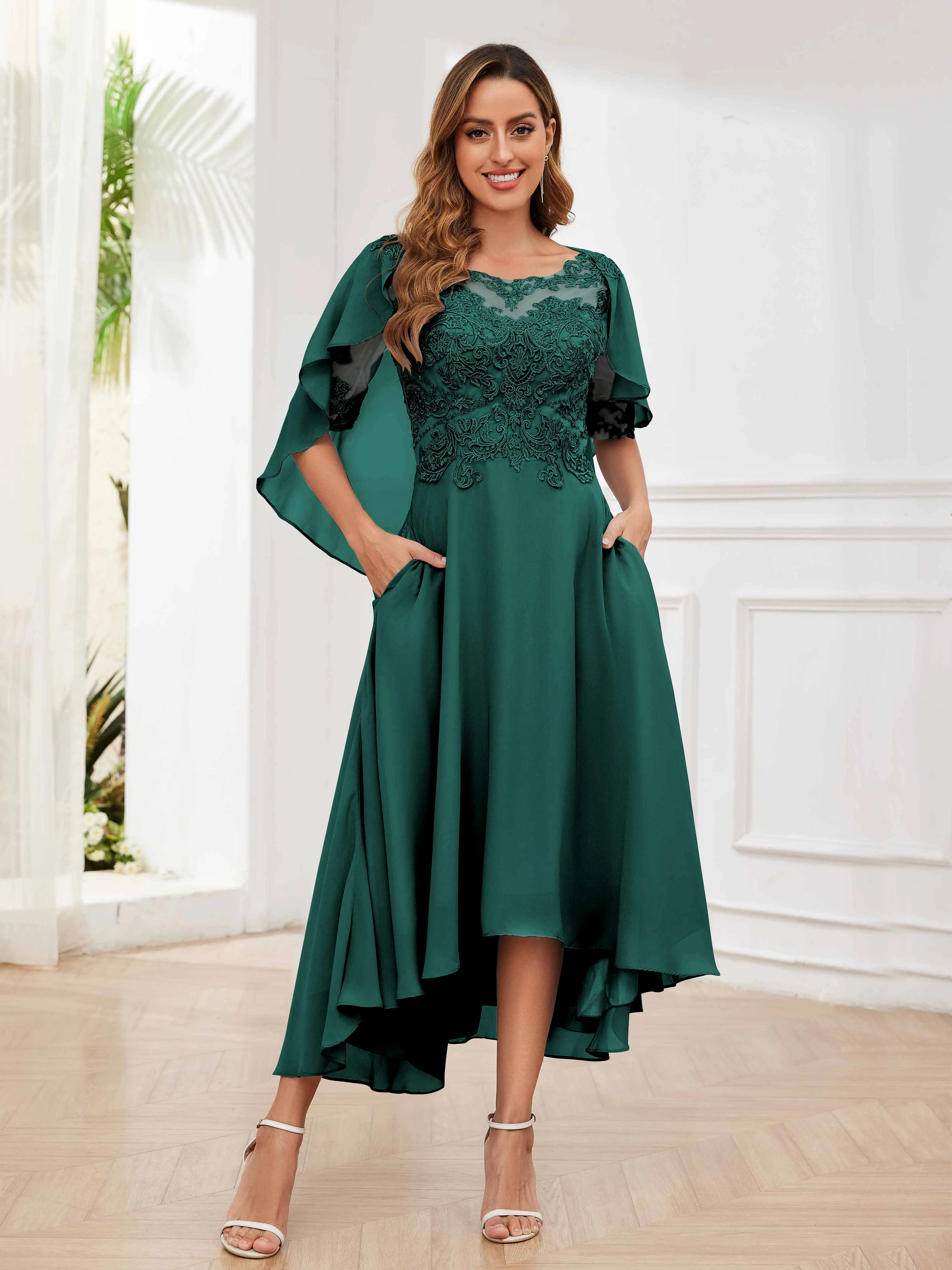 Jaliyah Trendy Illusion Lace Chiffon High Low Mother of the Bride Dresses