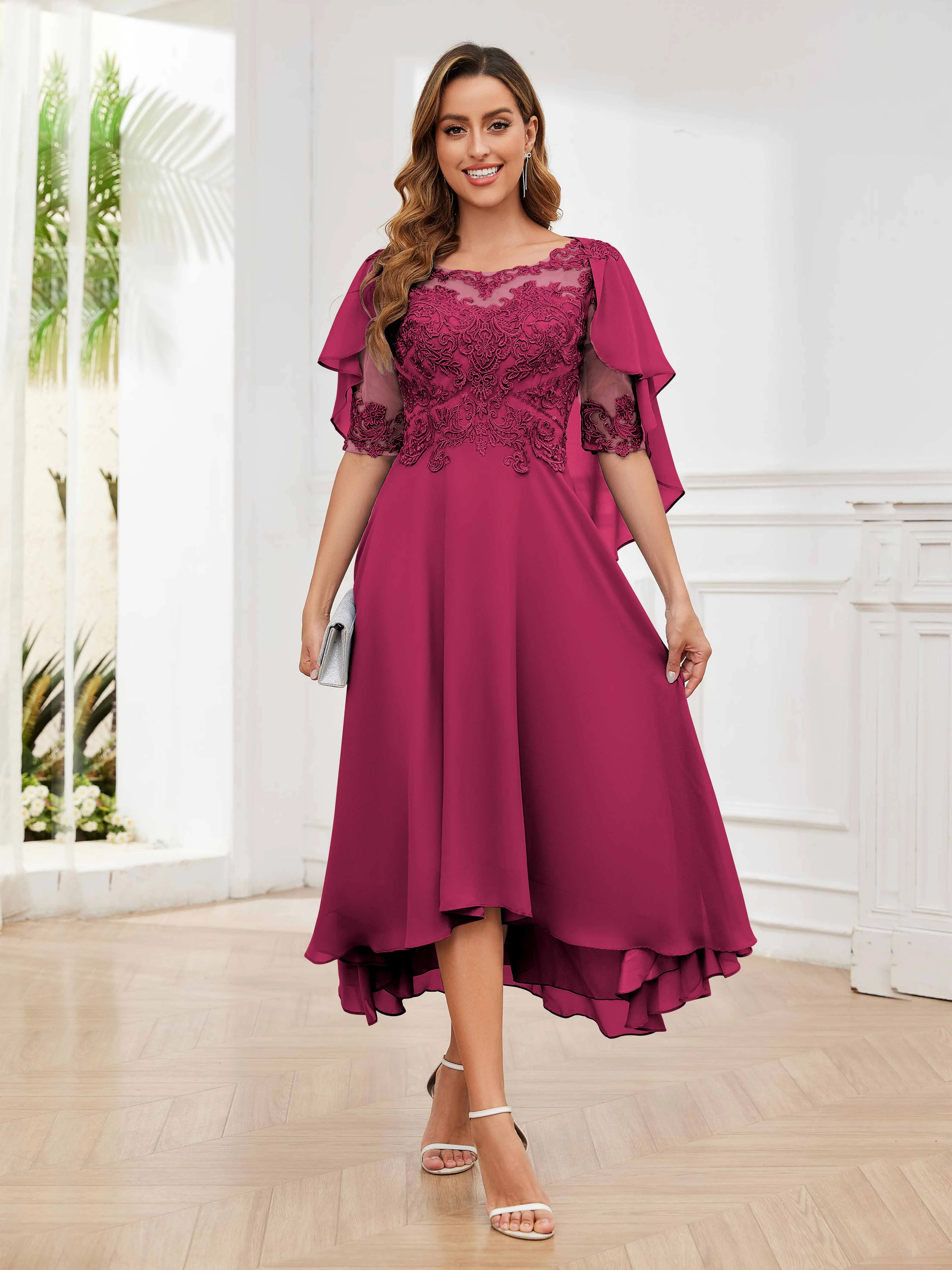 Jaliyah Trendy Illusion Lace Chiffon High Low Mother of the Bride Dresses