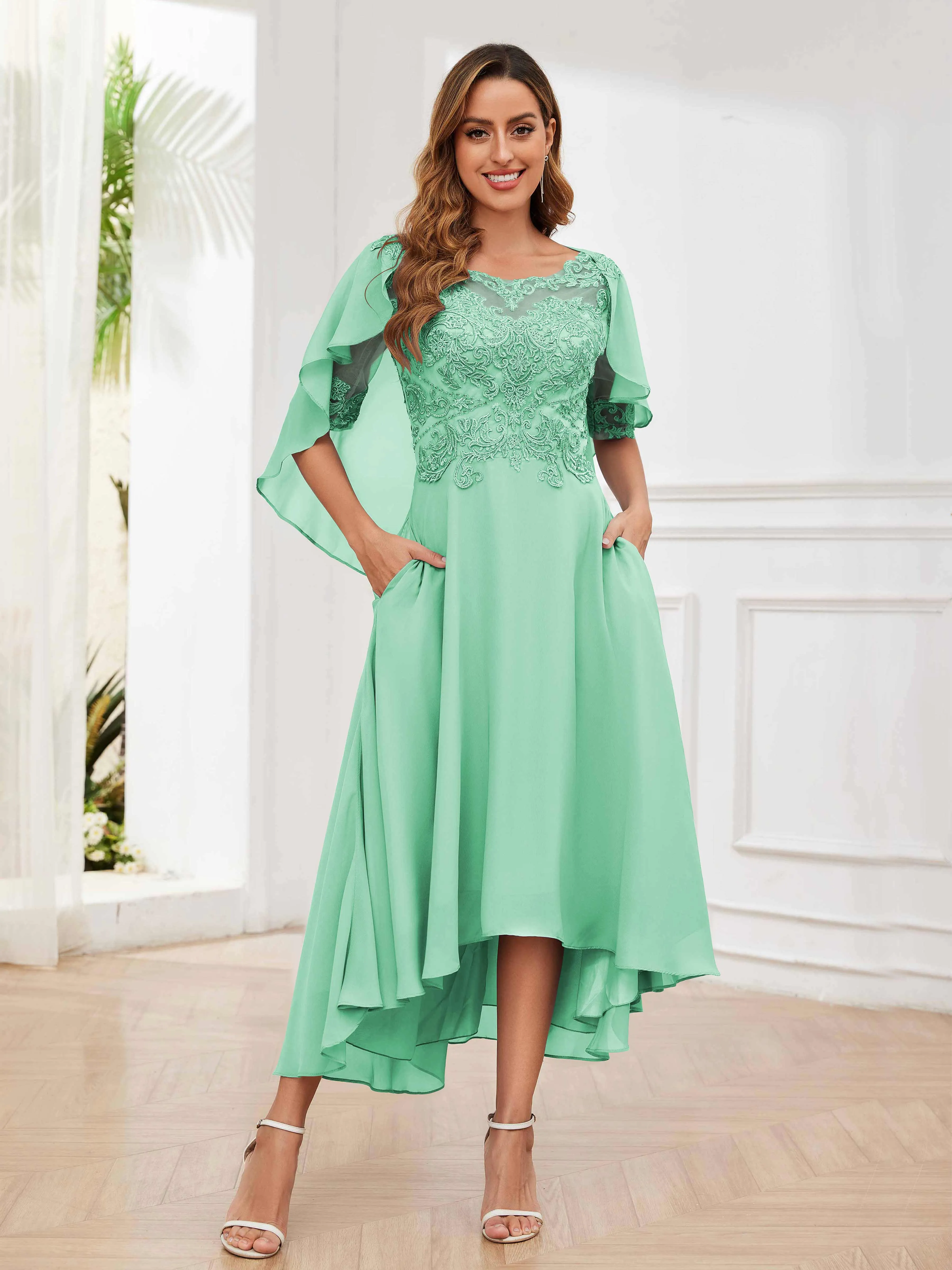 Jaliyah Trendy Illusion Lace Chiffon High Low Mother of the Bride Dresses