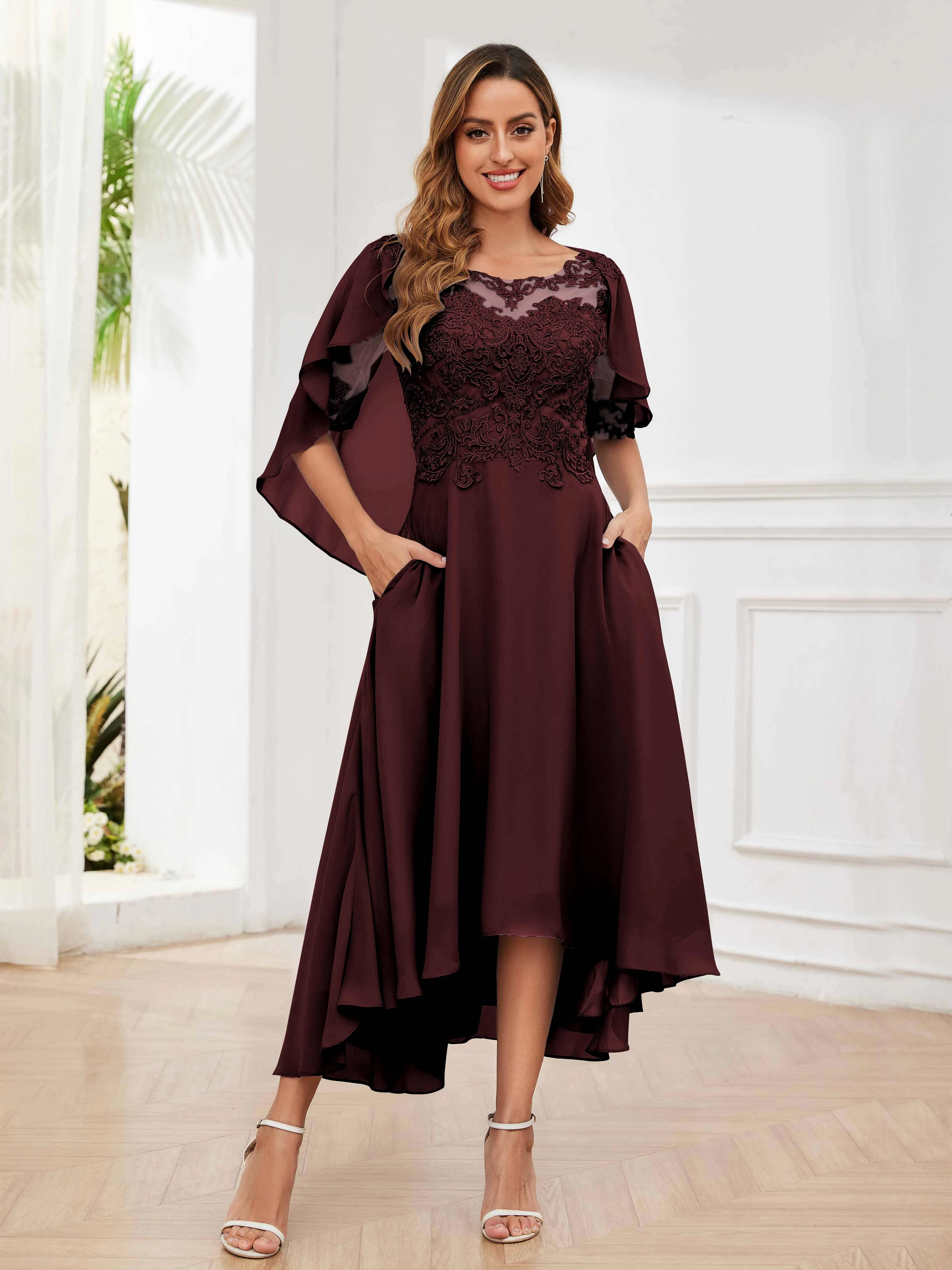 Jaliyah Trendy Illusion Lace Chiffon High Low Mother of the Bride Dresses